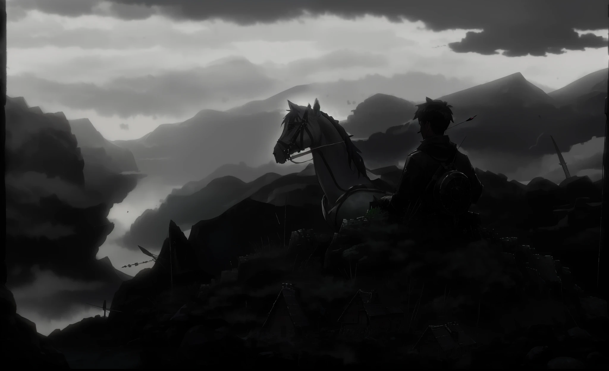 There was a man riding a white horse,Carrying a bow and arrow on the back, Surrounded by clouds, concept art场景, There is a small river in front of me,densely wooded,There are also villages,The mountains at the front,chroma key scene, details with shadows,Color according to the scene, 的concept art, thick silhouette, Mainly grayscale, concept art, Composition research, very flat shadow, 视频游戏的concept art, concept film
