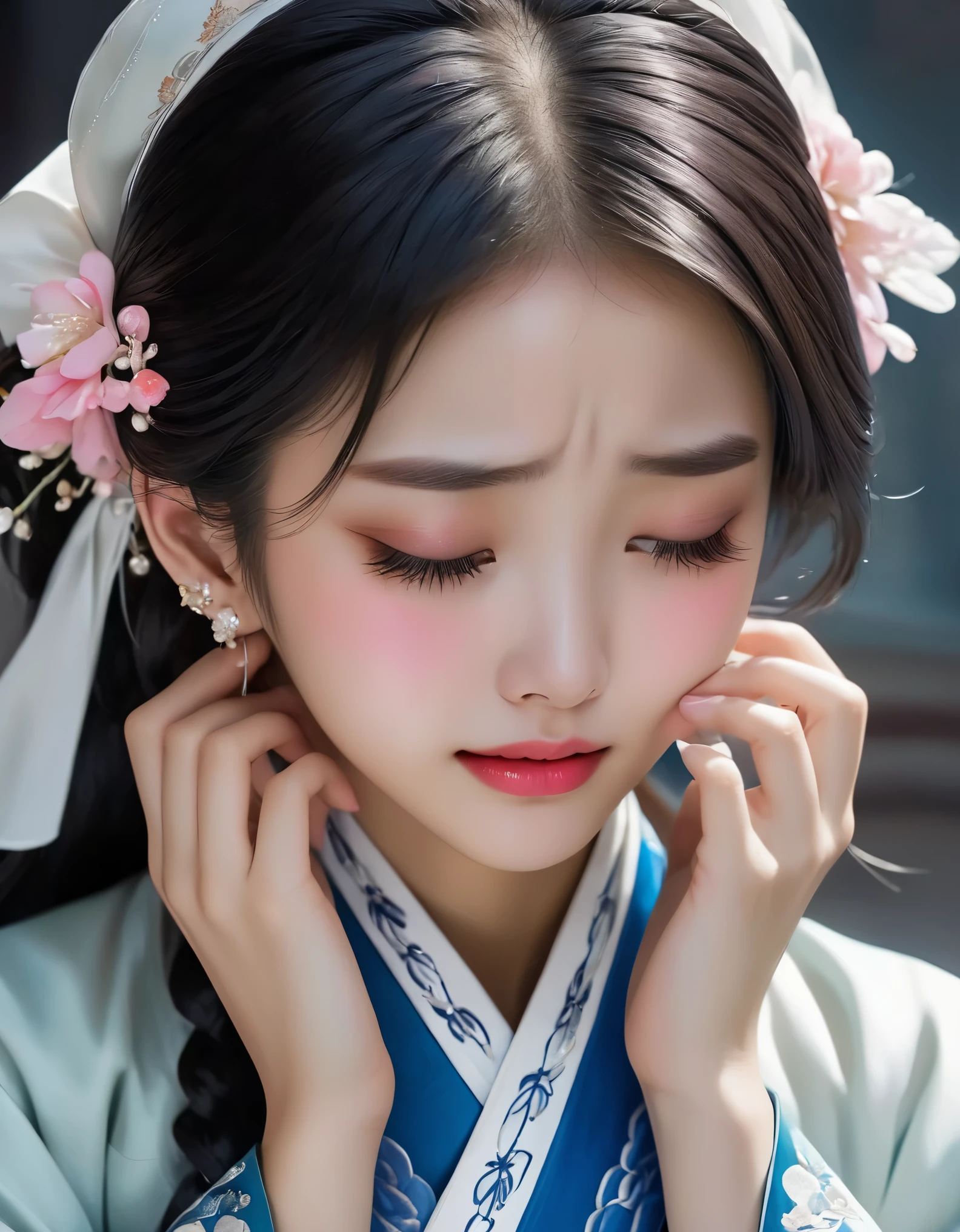 （Beautiful face of crying Chinese girl covering her face with handkerchief）, （With many, many tears in her eyes：1.3），（watery eyes）（bowed slightly），（Cover your face with your hands and cry），Pearl ear-rings, long eyelashes and pink lips, face close-up, clean face, round chin, blue eyes, Blue embroidered hanbok, White background. illustrate, 3D rendering, Bright colors and exquisite details, as illustration poster, 2D game art style, Color proofing, HD, 32k ,disney，