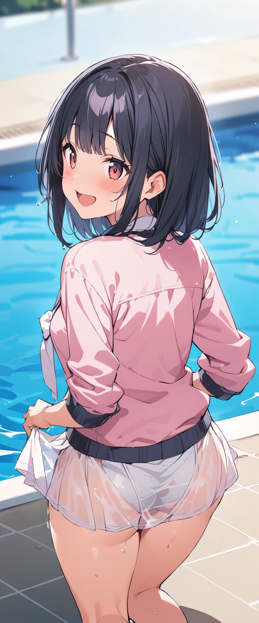 woman,20-year-old,pool,noon,(((miniskirt school uniform))),,open mouth smile(())(see-through skirt),(big butt),((black hair)),blush、surprised face,((())),((turn around and look back))(wet with water)