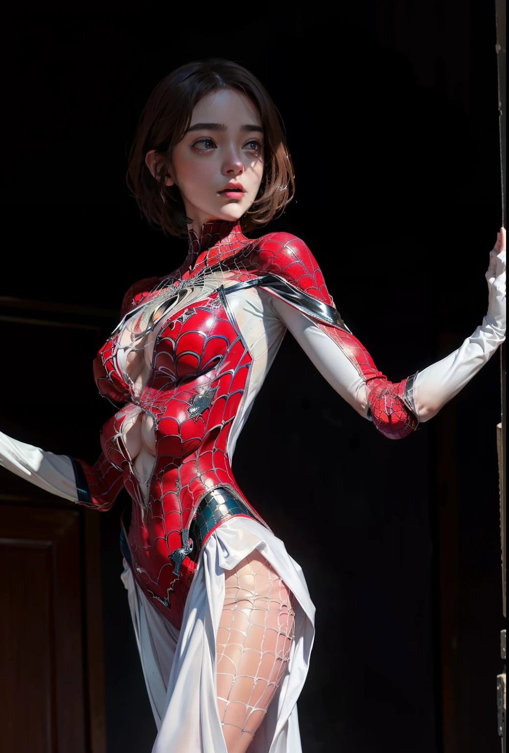 Beautiful and delicate feminine Spider-Man role-playing，Delicate and 。, (extra breasts), (spidersuit), (large breasts), extra arms, four arms