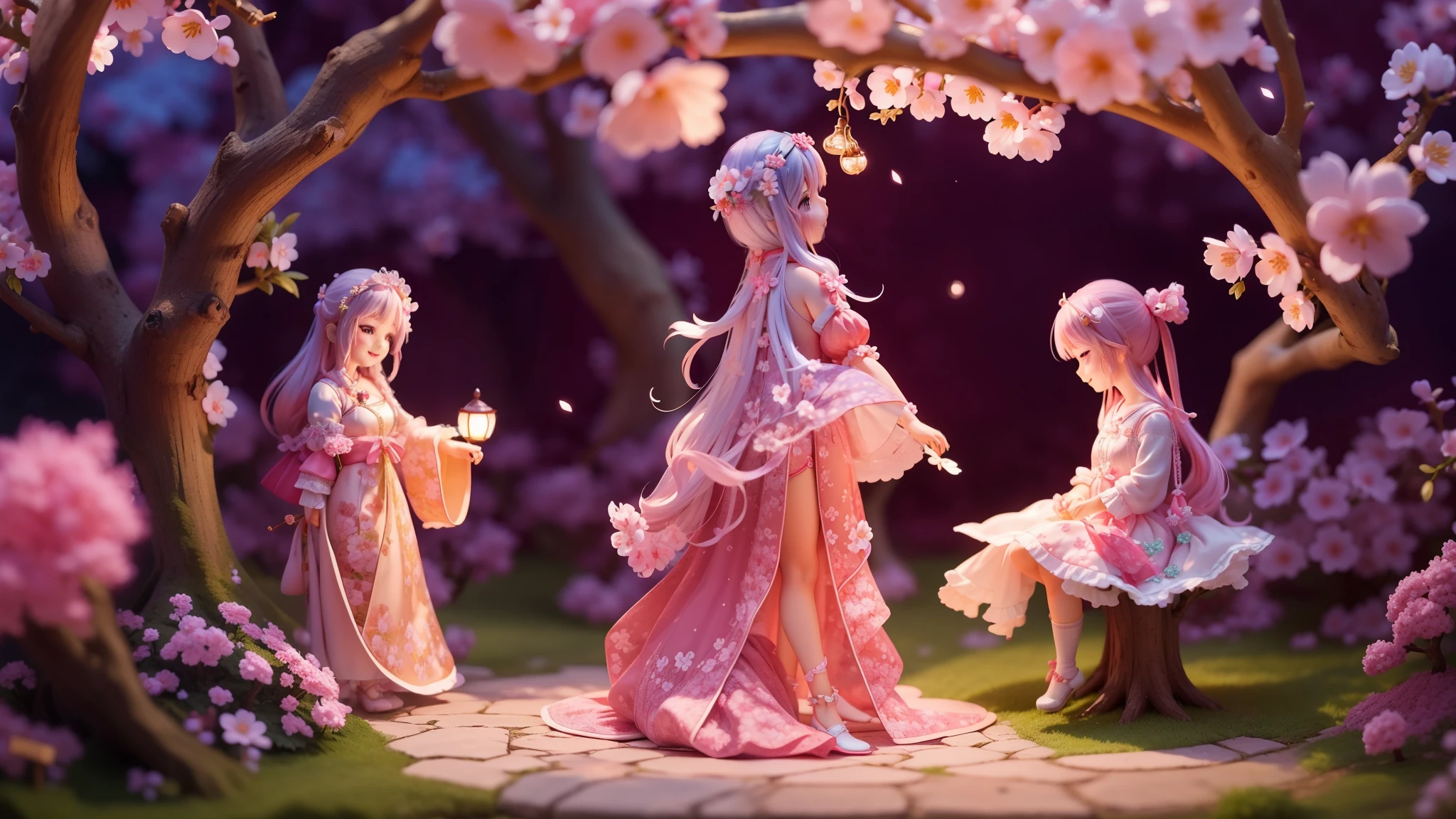 Magic garden miniature scene, delicate cherry blossoms、Softly glowing cherry tree、Illuminated by happy smiling miniatures. 8K Autorealist,Cherry tree in full bloom、girl cherry blossom fairy、、3 heads and bodies、facing backwards