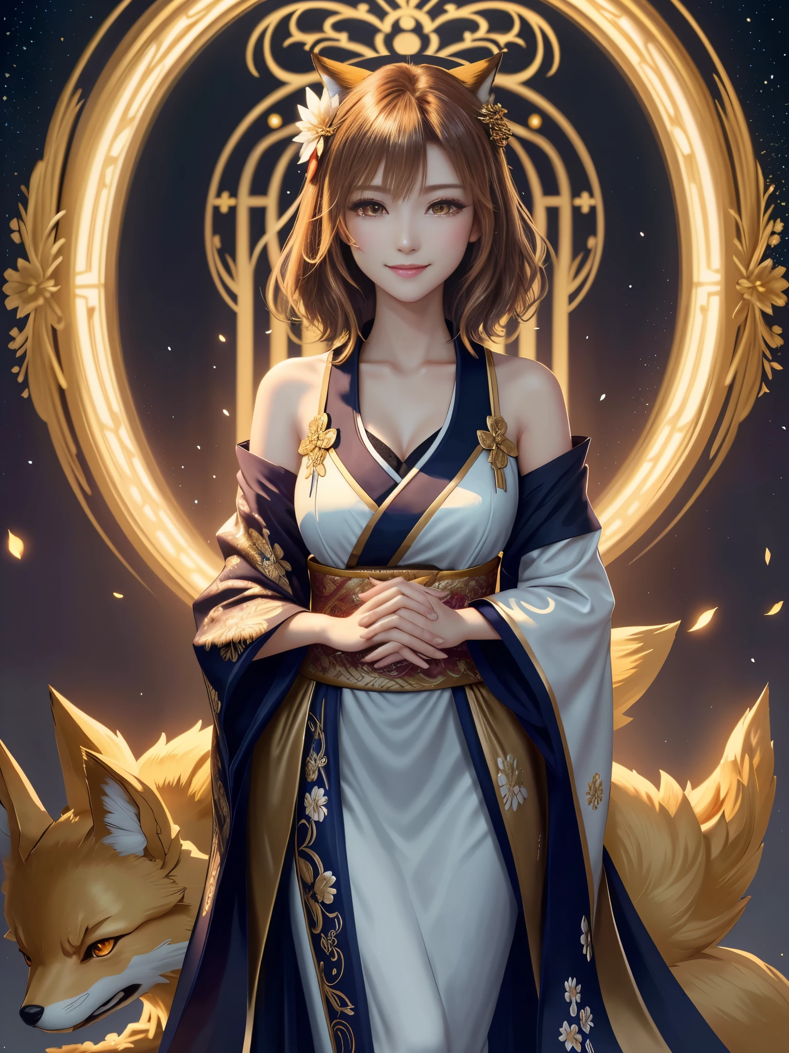 masterpiece , best quality,smile,smile,small face,shoulder exposure,golden kimono,less cleavage exposure,light brown hair,beautifully curled hair,slender body shape,brown eyes,Contrast faithfully reproduced,short hair,Beautiful short hair,Berry Short,short cut hair,just one person,precision quality,Faithfully reproduced eyes, The surroundings are shining gold,golden aura around the body,golden shining background,masterpiece,night,nightの背景,golden background,cherry blossom background,beautiful details, colorful, delicate details, delicate lips, intricate details, genuine, ultrargenuineista, 枝に座っている色とりどりの髪のFoxを持つ女の子:Mature, bright eyes, ,色とりどりのFox, raposa de nine tails, 三尾Fox, 三尾Fox, onmyoji detail art, beautiful fine art illustration, mythical creatures, Fox, beautiful digital art,shrine maiden,hold hands,exquisite digital illustration, mizutsune, Inspired by mythical wild web creatures, pixiv in digital art, shining light, high contrast, Mysterious,