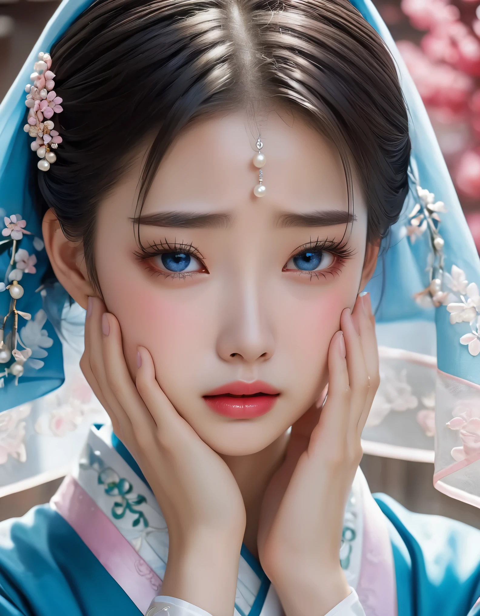 （Beautiful face of crying Chinese girl covering her face with handkerchief）, （With many, many tears in her eyes：1.3），（watery eyes）（bowed slightly），（Cover your face with your hands and cry），Pearl ear-rings, long eyelashes and pink lips, face close-up, clean face, round chin, blue eyes, Blue embroidered hanbok, White background. illustrate, 3D rendering, Bright colors and exquisite details, as illustration poster, 2D game art style, Color proofing, HD, 32k ,disney，