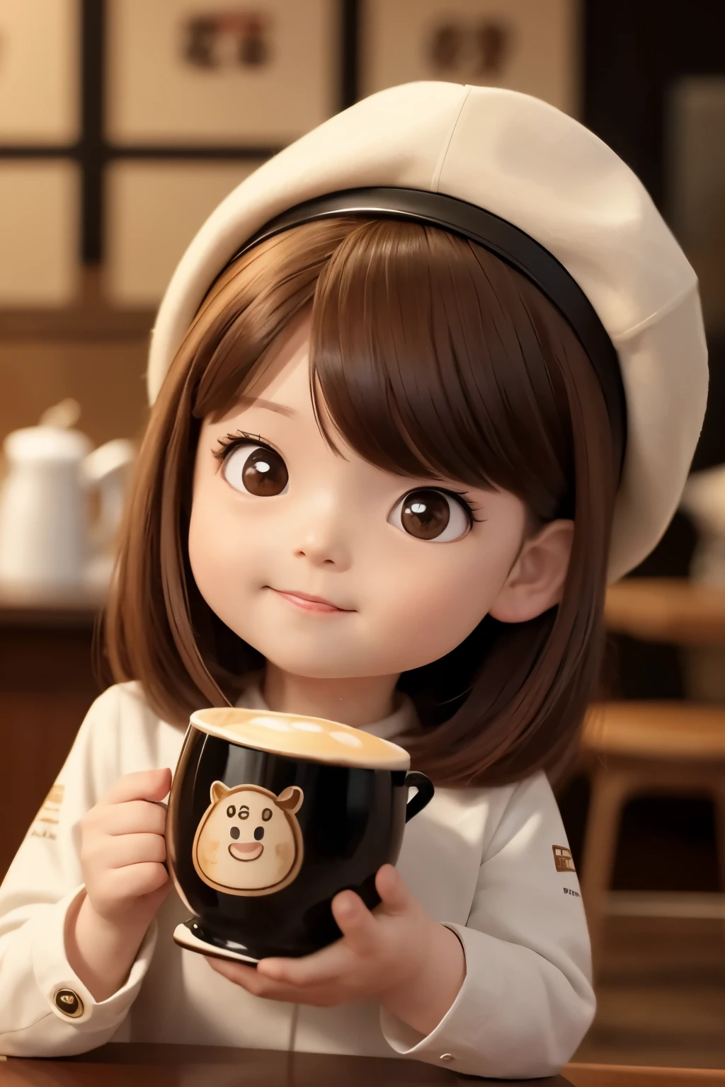 Photoreal、A has a surprised face after having her portrait drawn with cafe latte art
