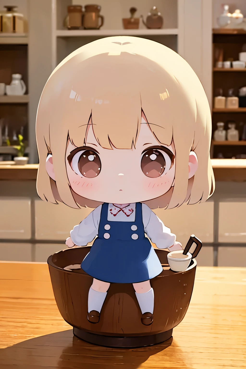 Photoreal、Chibi girl doll whose portrait was drawn using cafe latte art、Chibi girl doll who is surprised to see it