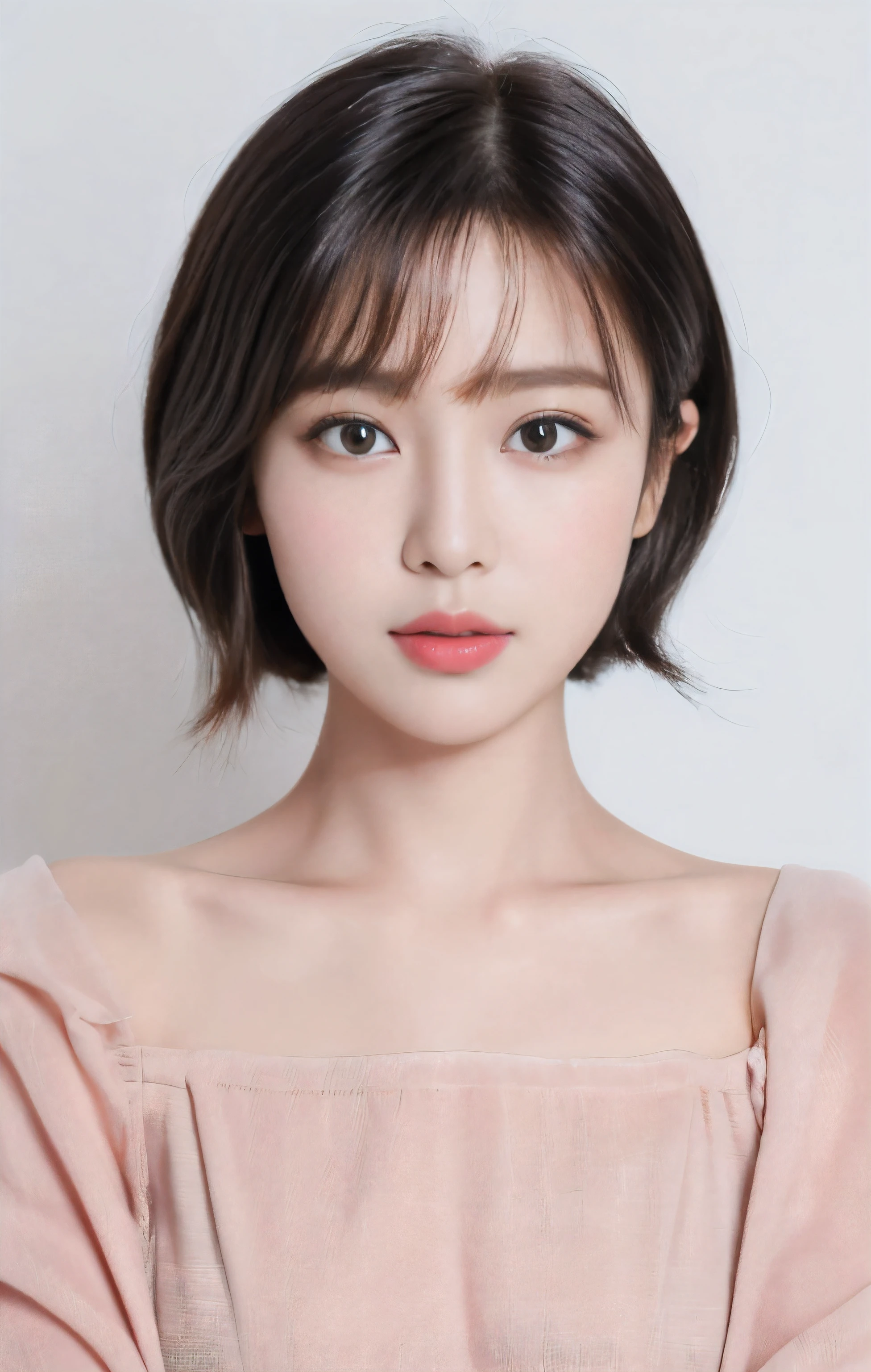 ((Highest quality, 8k, masterpiece: 1.3)), Sharp: 1.2,  ((Bob hair: 1.2)), (White background: 1.2), beautiful Korean girl, very detailed facial and skin texture, fine eyes, double eyelids, face looking directly at the camera from the front, blush, , lipstick.