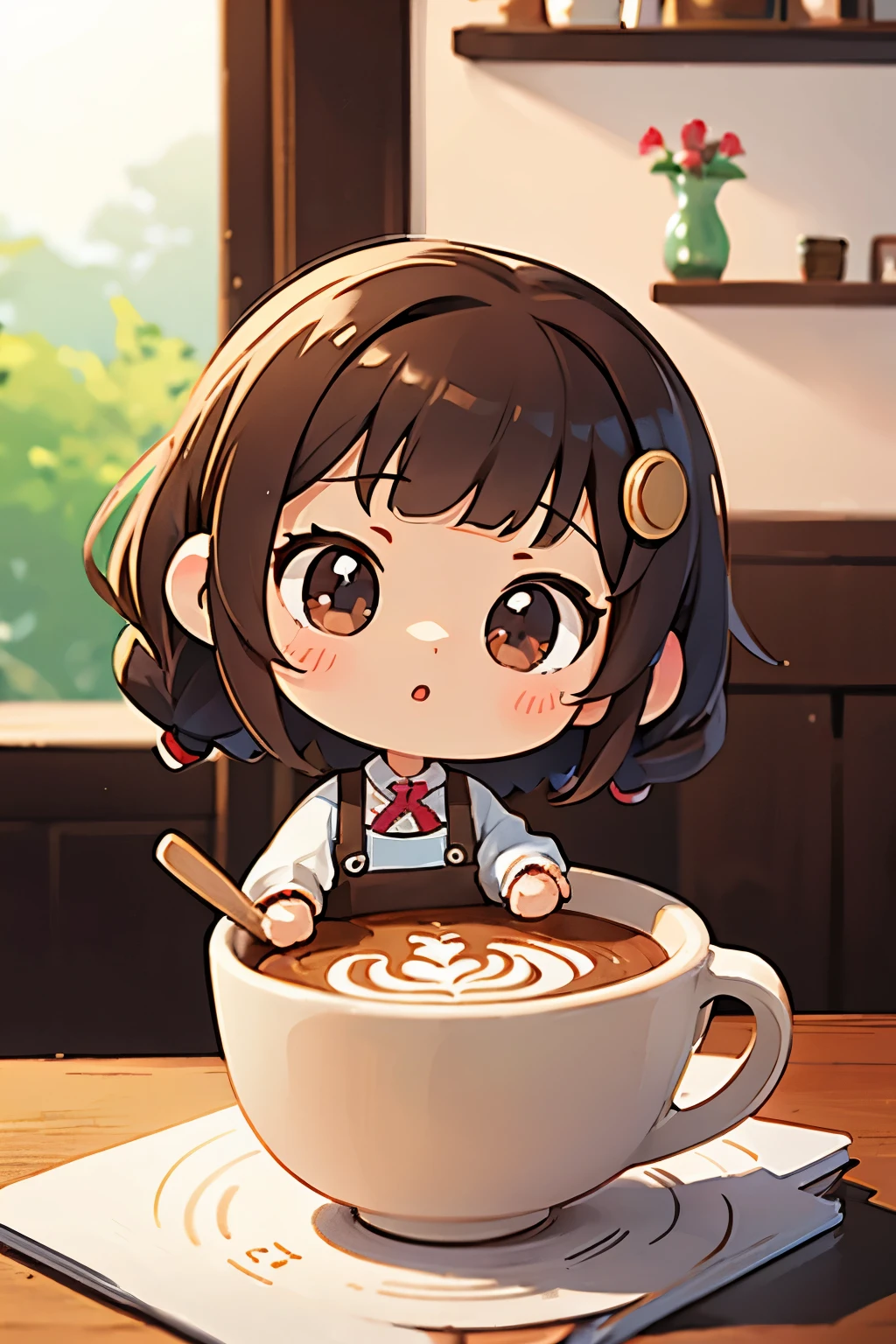 Photoreal、Chibi girl doll whose portrait was drawn using cafe latte art、Chibi girl doll who is surprised to see it