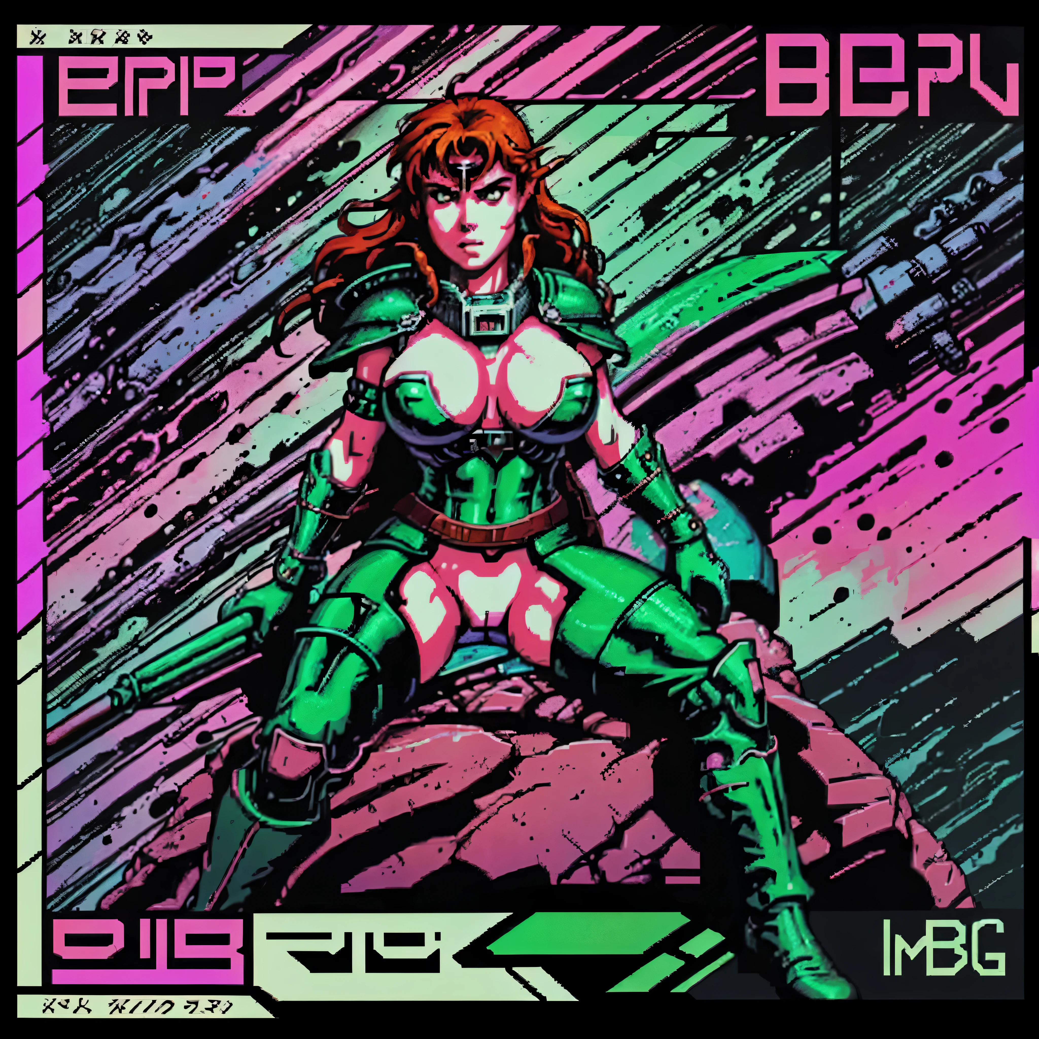 One barbarian girl, Red-haired girl, space warrior girl, cyborg girl, beautiful bbw girl, chubby girls, female warrior, whole body, nude body, perfect skin, space background, bloody rain, dark fantasy, Linsner style, Science fiction, 80s, 16-bit game, VHS era, planet in space background, purple lightning, psychedelic color background, smog, Fog, swamp, girl in swamp, Mad Max's style, VHS cassette cover