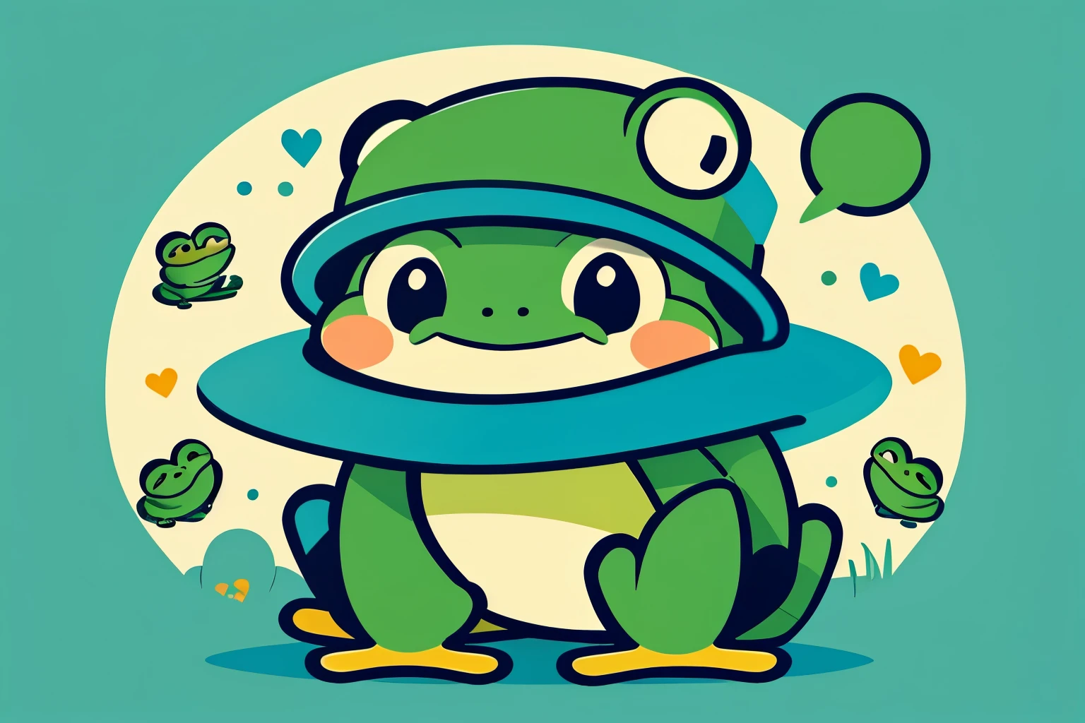 Cute cartoon character wearing a hat with very simple lines, happy frog, cute frog, cartoon style, Flat style illustration