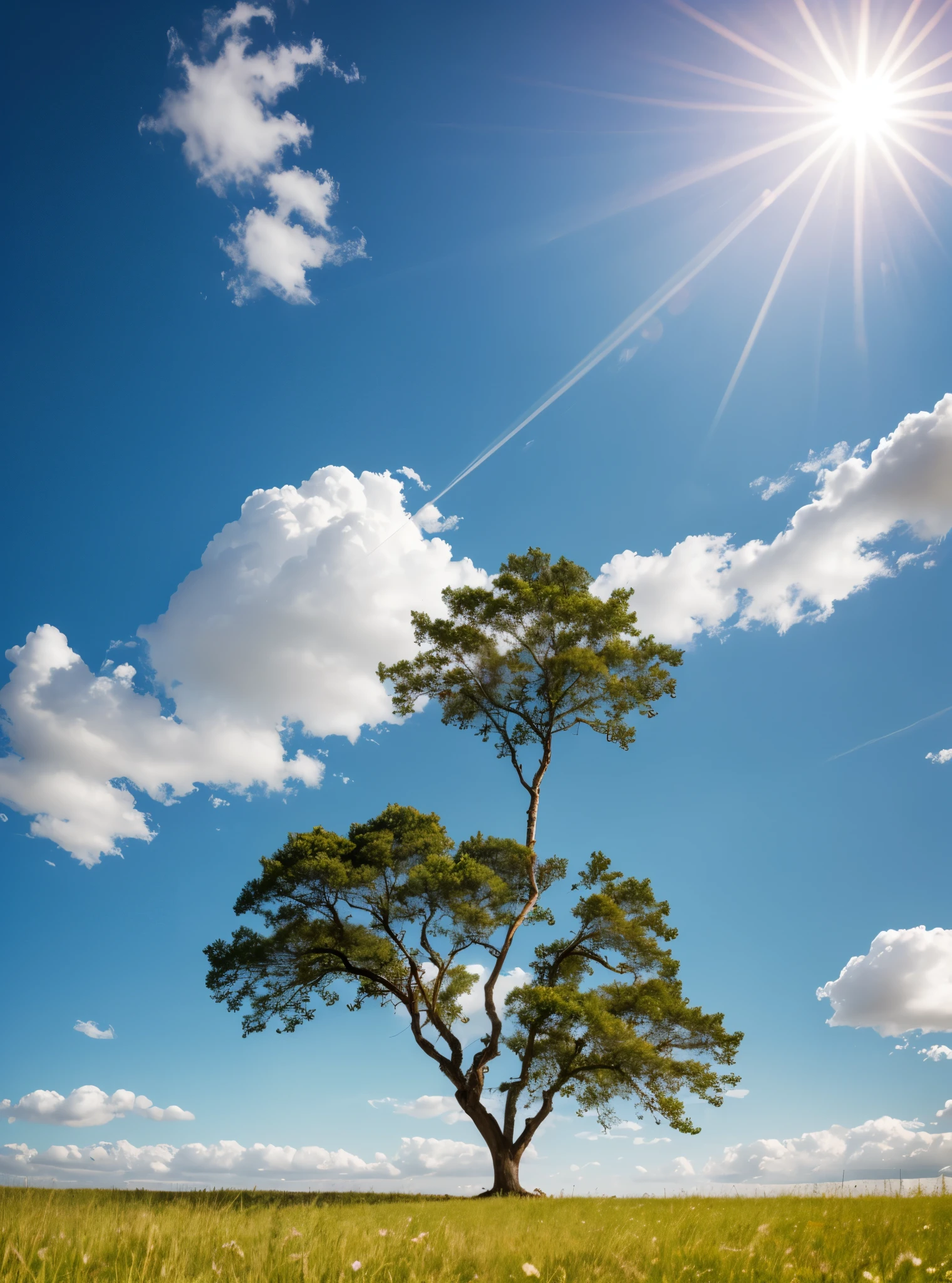 Tree alone on a Field, Blue Sky with white clouds, Morningsun
