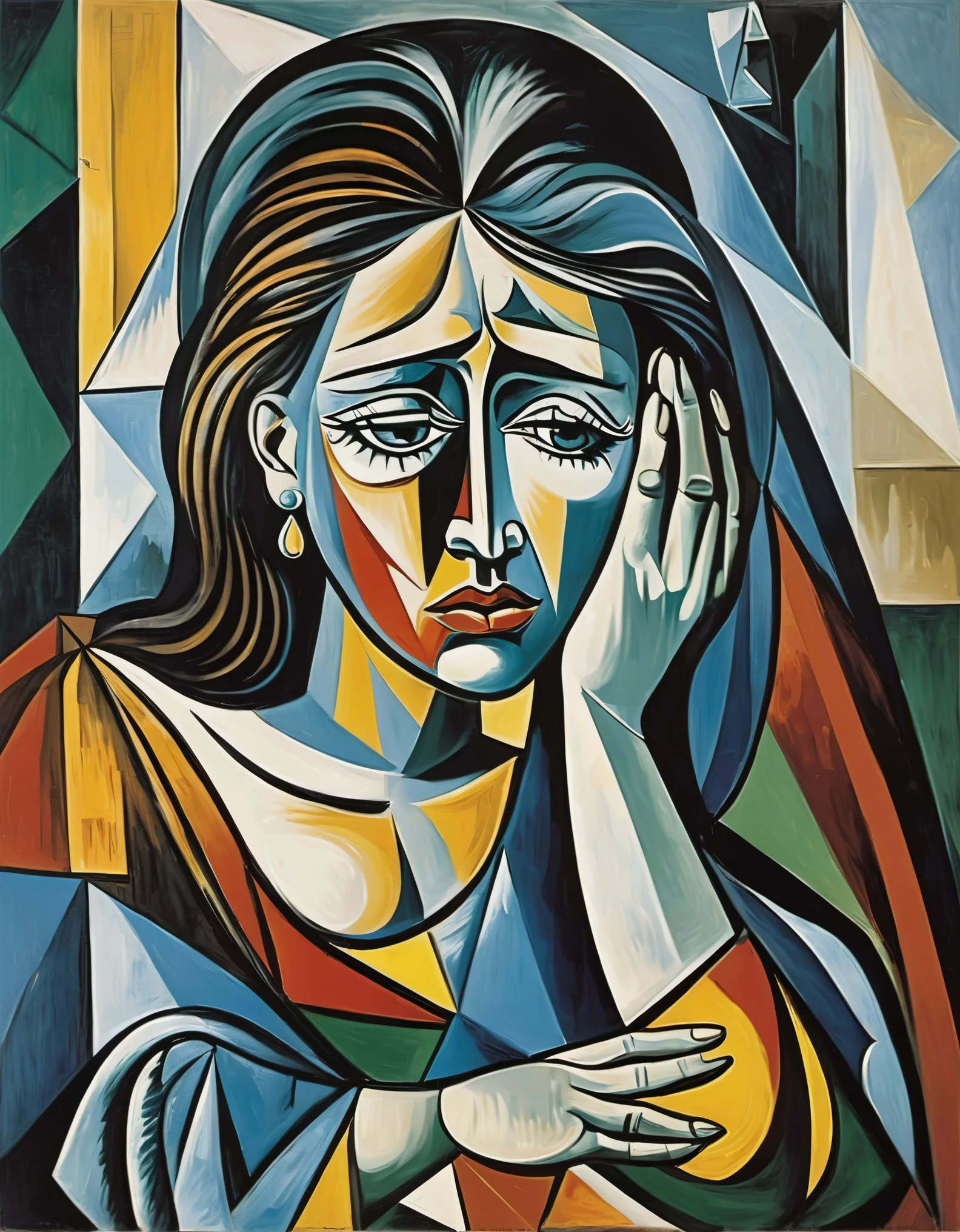 Picasso's famous paintings《crying woman》,(A big tear is flowing from the corner of the eye:0.85)
