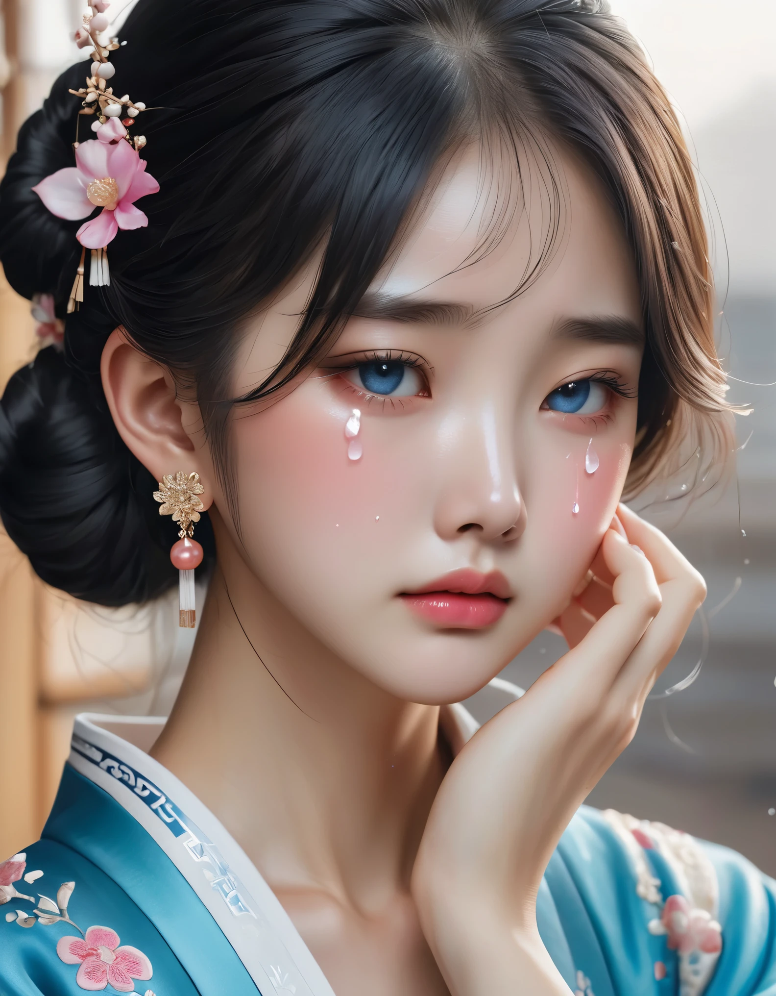 （Beautiful face of crying Chinese girl covering her face with handkerchief）, （With many, many tears in her eyes：1.3），（watery eyes），（She is crying with her head slightly lowered and covering her face with a handkerchief.），Pearl ear-rings, long eyelashes and pink lips, face close-up, clean face, round chin, blue eyes, blue embroidered tang dynasty clothing, White background. illustrate, 3D rendering, Bright colors and exquisite details, as illustration poster, 2D game art style, Color proofing, HD, 32k ,disney，