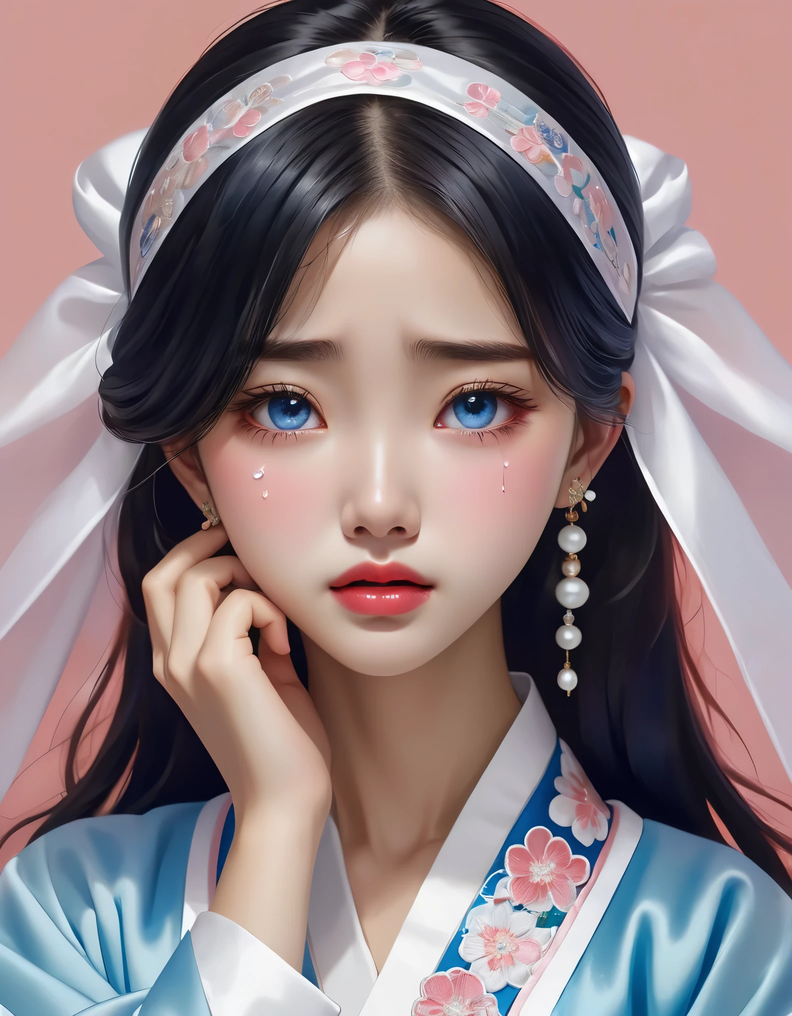 （Beautiful face of crying Chinese girl covering her face with handkerchief）, （With many, many tears in her eyes：1.3），（Big tears are flowing out of my eyes）（bowed slightly），（Cover your face with your hands and cry），Pearl ear-rings, long eyelashes and pink lips, face close-up, clean face, round chin, blue eyes, Blue embroidered hanbok, White background. illustrate, 3D rendering, Bright colors and exquisite details, as illustration poster, 2D game art style, Color proofing, HD, 32k ,disney，