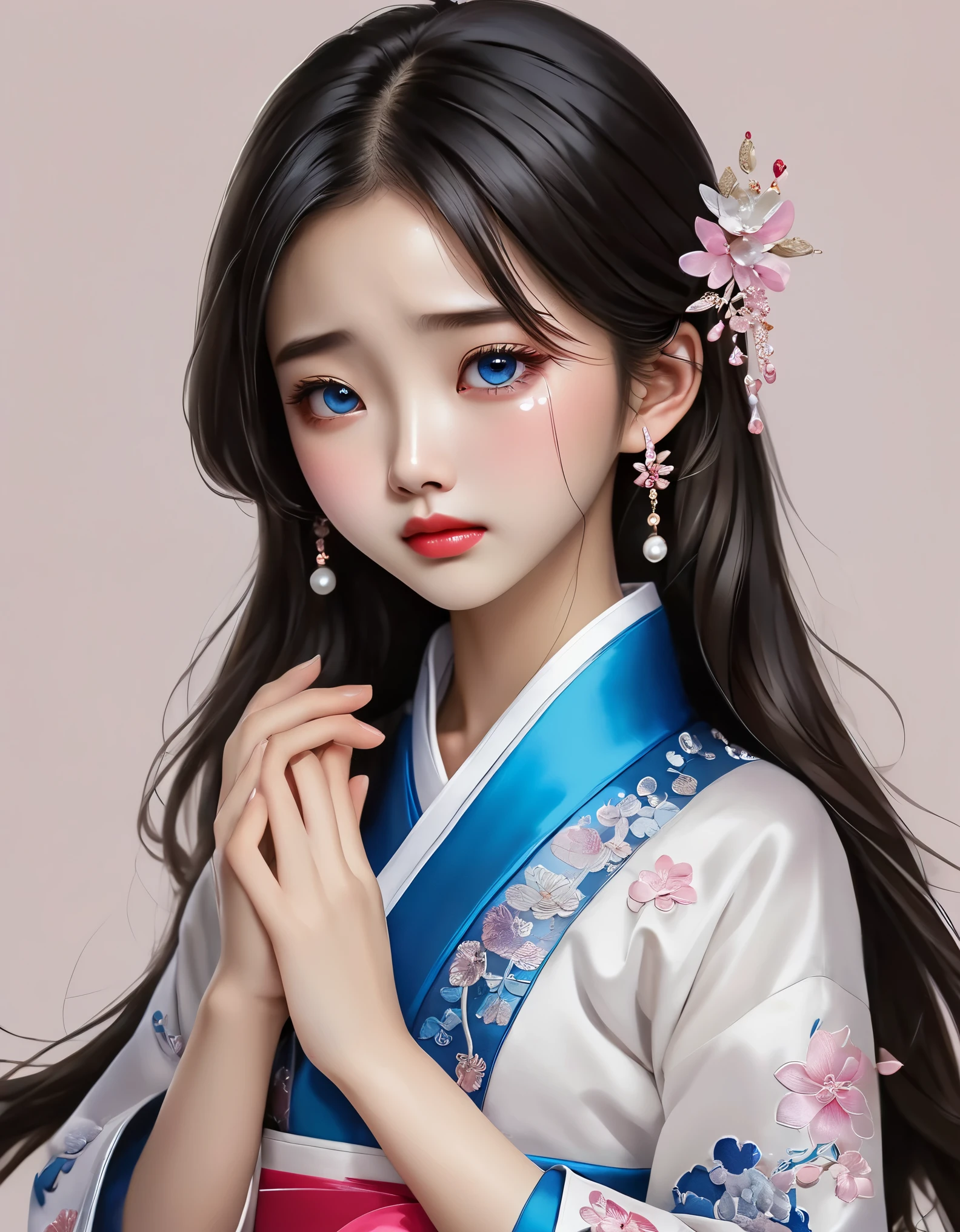 (Beautiful face of crying Chinese girl covering her face with handkerchief), (With many, many tears in her eyes:1.3),(Big tears are flowing out of my eyes)(bowed slightly),(Cover your face with your hands and cry),Pearl ear-rings, long eyelashes and pink lips, face close-up, clean face, round chin, blue eyes, Blue embroidered hanbok, White background. illustrate, 3D rendering, Bright colors and exquisite details, as illustration poster, 2D game art style, Color proofing, HD, 32k ,disney,