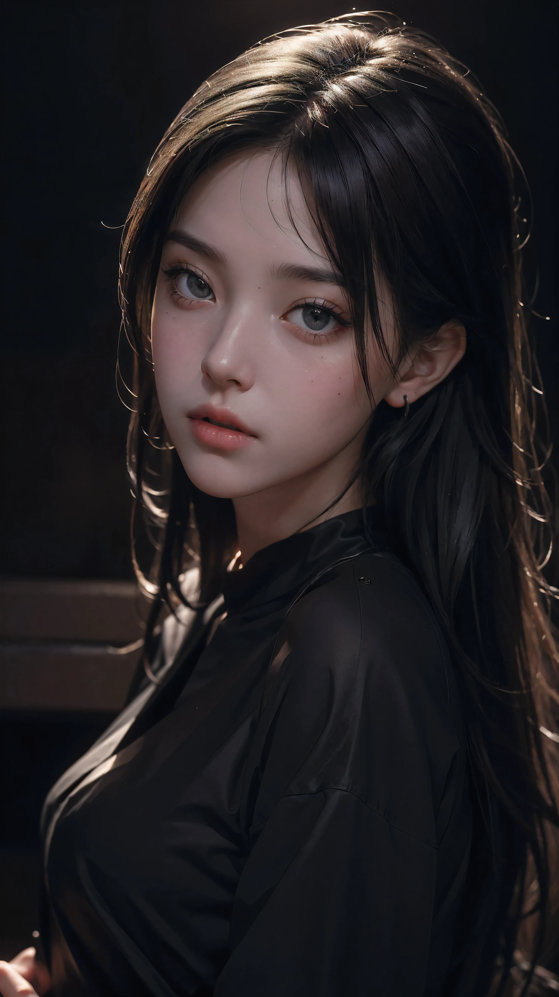 Best Quality, Masterpiece, 8k A, Ultra High Resolution, (Realisticity: 1.4), Original Photo, 1Girl, Beautiful, Super Skin Details, black clothes, Cinematic Lighting