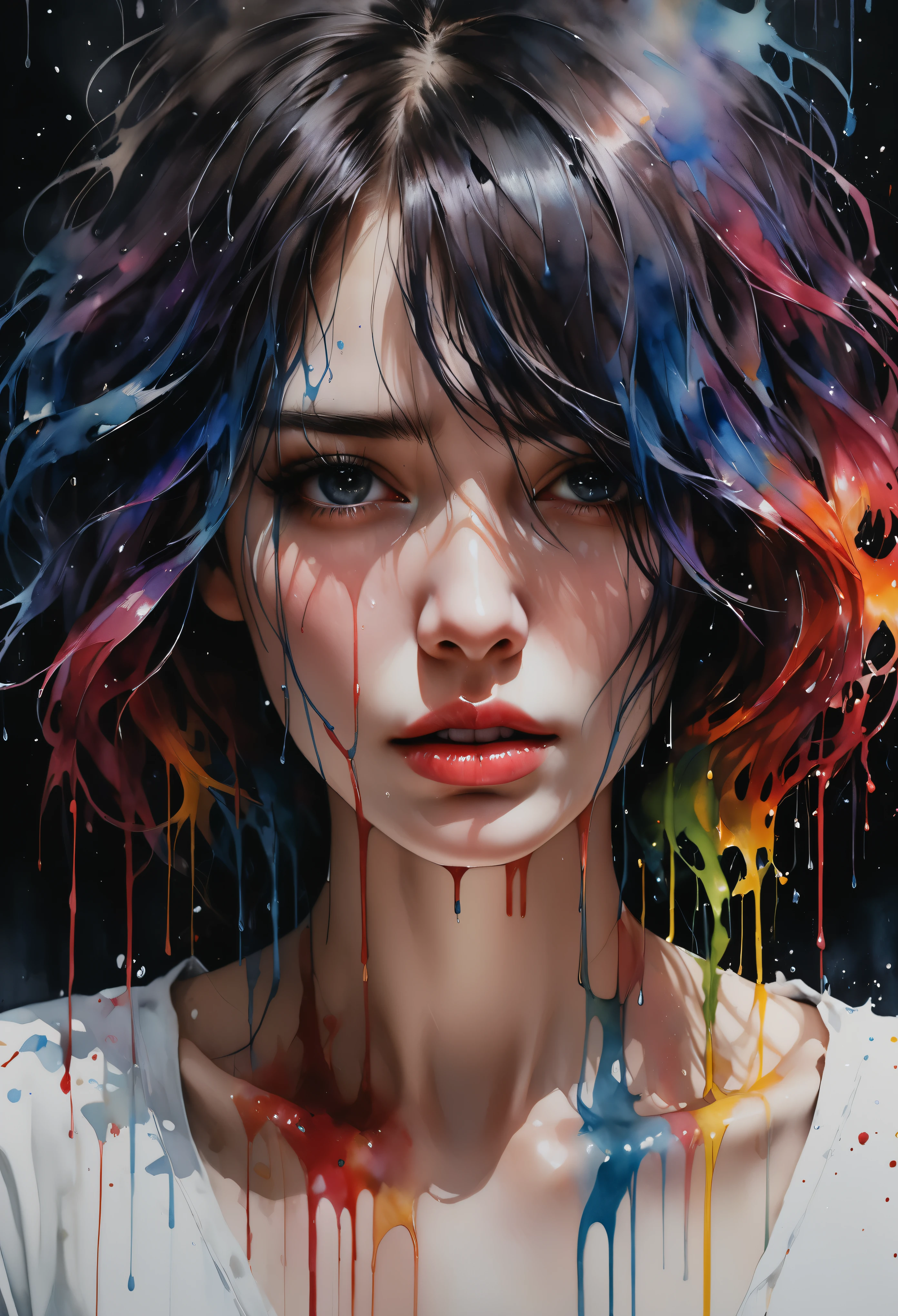 samdoesarts style a woman by agnes cecile, luminous design, pastel colours, ink drips, autumn lights, cute, rips