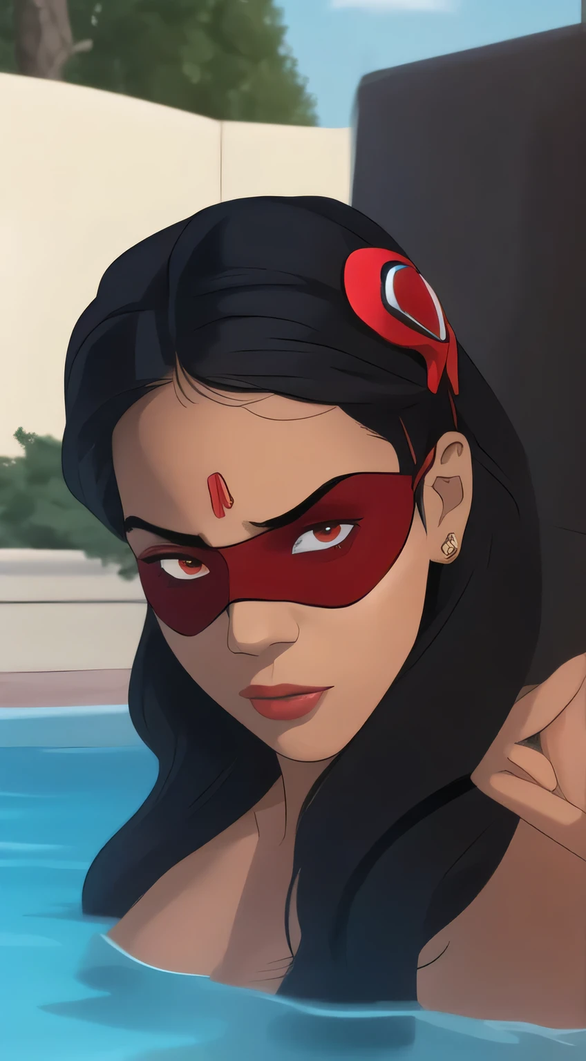 ((close-up, eye mask)), a 22yo woman (long wavy black hair, brown eyes), (wearing black bikini), ((Red Eye Mask)), in a pool, (masterpiece, best quality:1.2), photorealistic, HDR, 4K, 8K, 16K