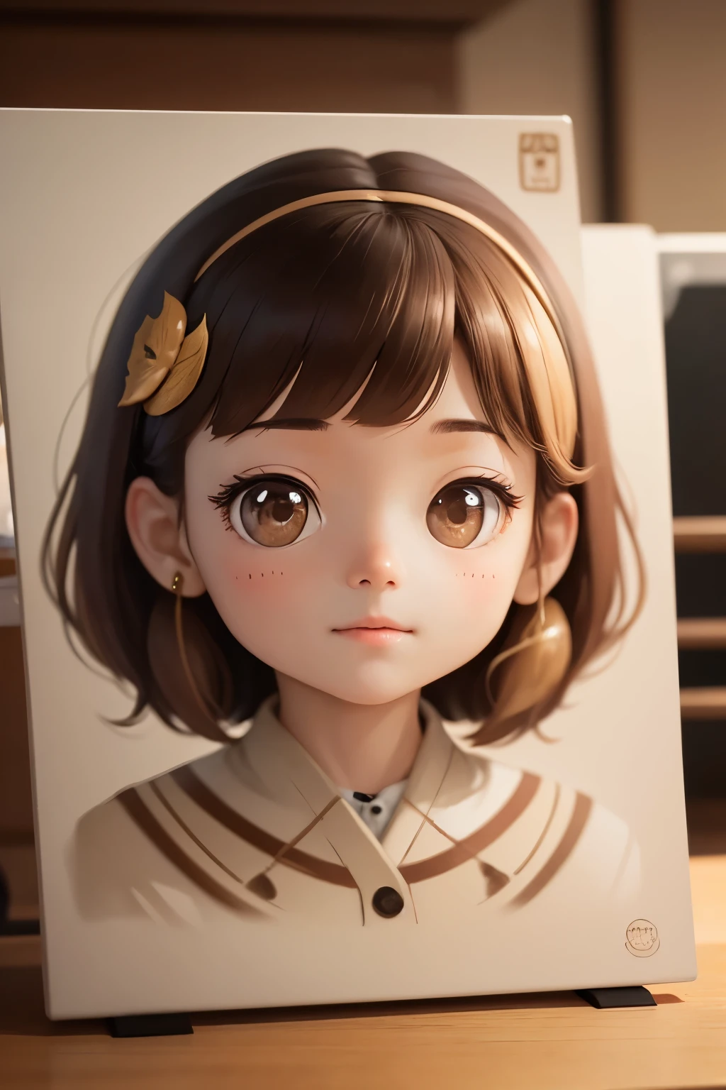 Photoreal、A  has a surprised face after having her portrait drawn with cafe latte art