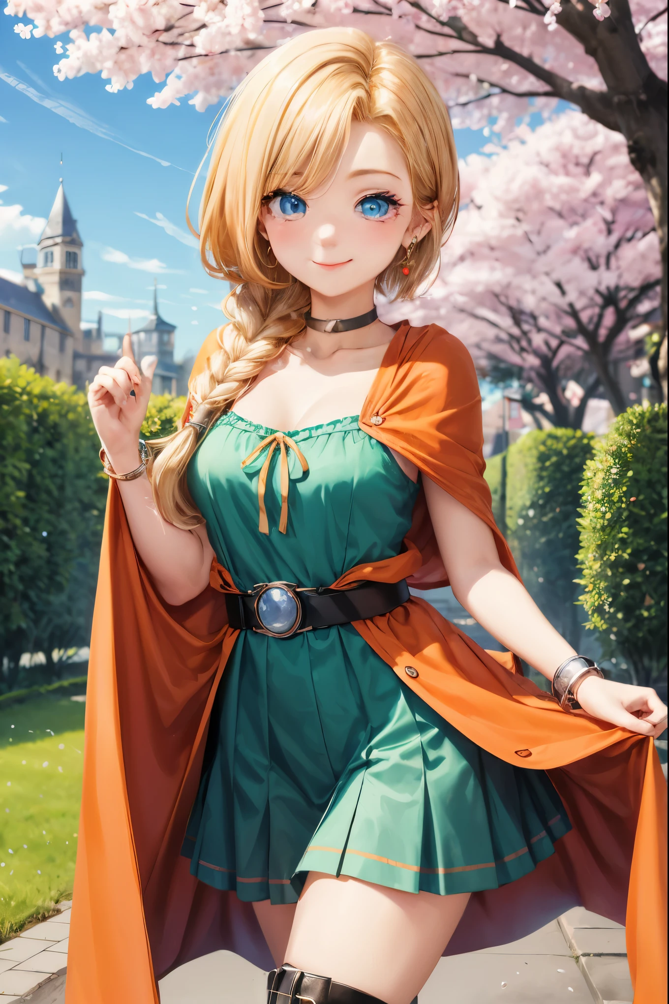 masterpiece,highest quality,High resolution,Super detailed,bianca \(dq5\),blue eyes,long hair,single blade,earrings,choker,orange cloak,green dress,bracelet,belt,boots,(wind lift:1.2),blush,(embarrassing:1.2),outdoor,castle garden,dance、high resolution、Super detailed、bianca \(dq5\)、blue eyes、long hair、One braid、earrings、choker、orange cloak、green dress、bracelet、belt、boots、、、outdoor、cherry blossoms、Are standing、smile、upper body