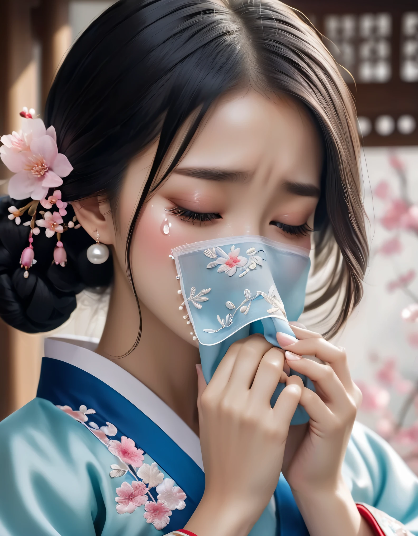 （Beautiful face of crying Chinese girl covering her face with handkerchief）, （With many, many tears in her eyes：1.3），（watery eyes）（bowed slightly），（Cover your face with your hands and cry），Pearl ear-rings, long eyelashes and pink lips, face close-up, clean face, round chin, blue eyes, Blue embroidered hanbok, White background. illustrate, 3D rendering, Bright colors and exquisite details, as illustration poster, 2D game art style, Color proofing, HD, 32k ,disney，