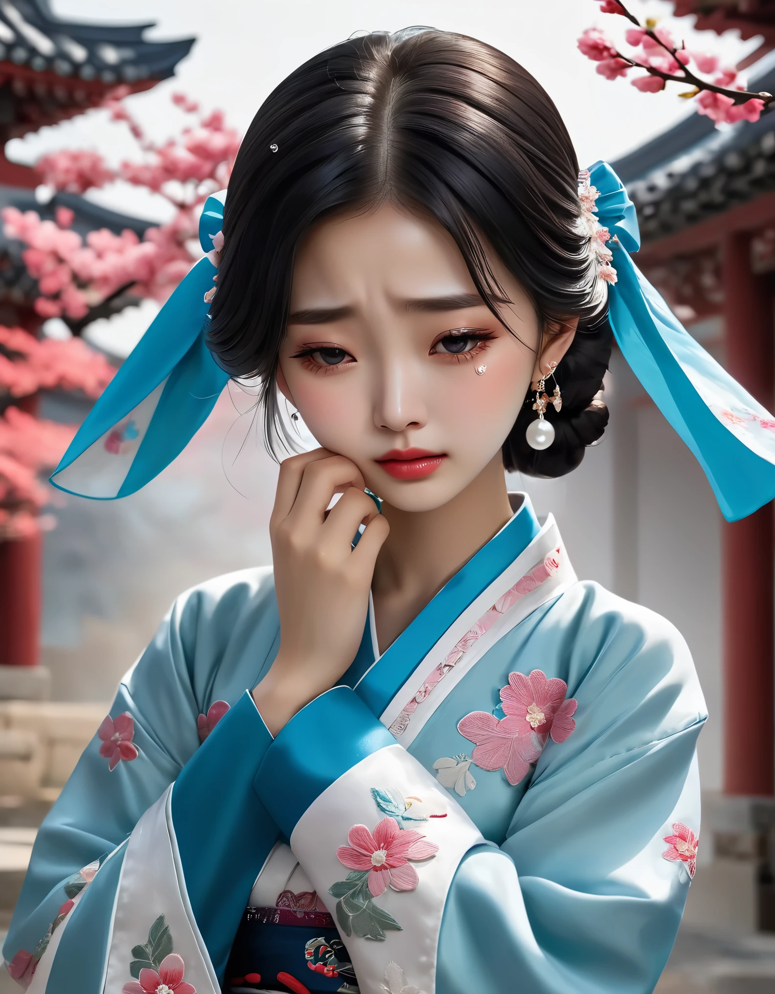 （Beautiful face of crying Chinese girl covering her face with handkerchief）, （With many, many tears in her eyes：1.3），（watery eyes）（bowed slightly），（Cover your face with your hands and cry），Pearl ear-rings, long eyelashes and pink lips, face close-up, clean face, round chin, blue eyes, Blue embroidered hanbok, White background. illustrate, 3D rendering, Bright colors and exquisite details, as illustration poster, 2D game art style, Color proofing, HD, 32k ,disney，