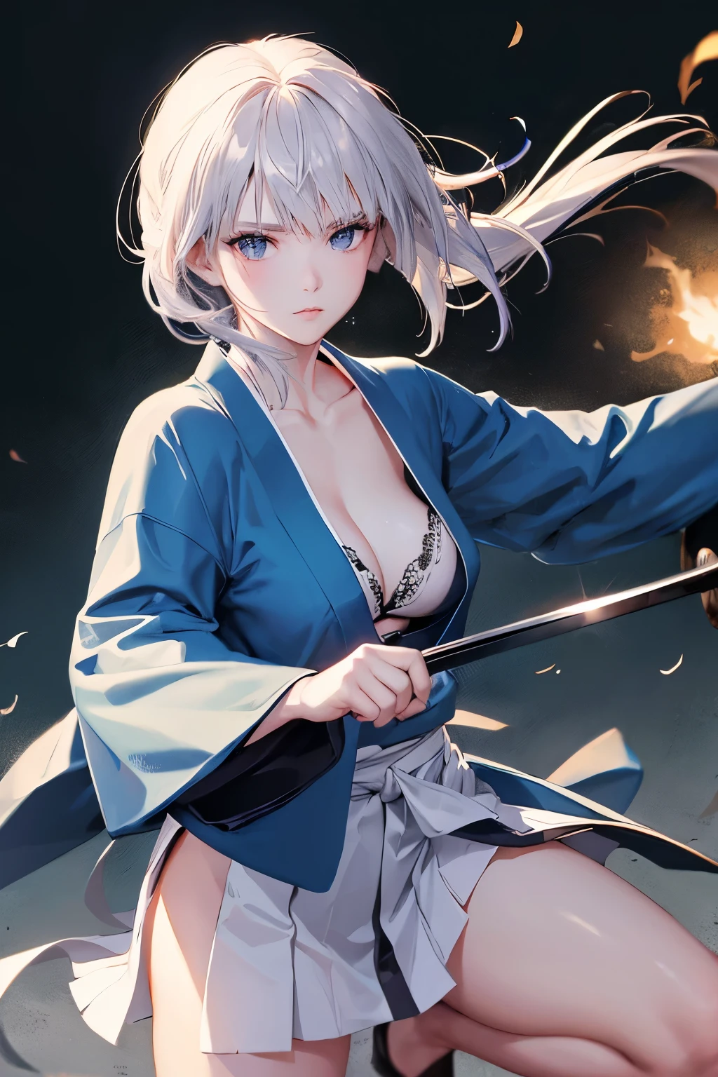 （（high quality、masterpiece、detailed、normal body、５This finger、Precise、delicate））、beautiful girl swordsman（（C cup、Holds a Japanese sword in the right hand、holding the scabbard in the left hand、silver hair））、black racy robe、Black and white bra、white racy mini skirt、wielding a Japanese sword、unsheathed sword、Absence、Good Japanese sword、Blade length 80cm、Scabbard 82cm、pulls out a Japanese sword from its sheath、mowing down、Feminization:1.7