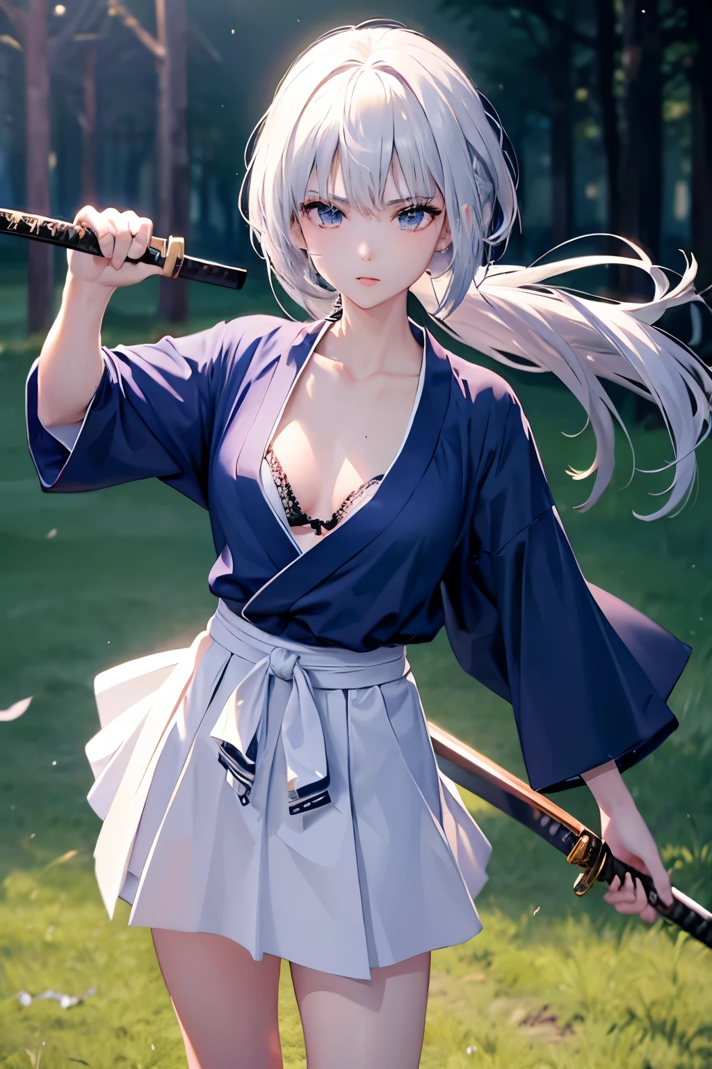 （（high quality、masterpiece、detailed、normal body、５This finger、Precise、delicate））、beautiful girl swordsman（（C cup、Holds a Japanese sword in the right hand、holding the scabbard in the left hand、silver hair））、black racy robe、Black and white bra、white racy mini skirt、wielding a Japanese sword、unsheathed sword、Absence、Good Japanese sword、Blade length 80cm、Scabbard 82cm、pulls out a Japanese sword from its sheath、mowing down、Feminization:1.7