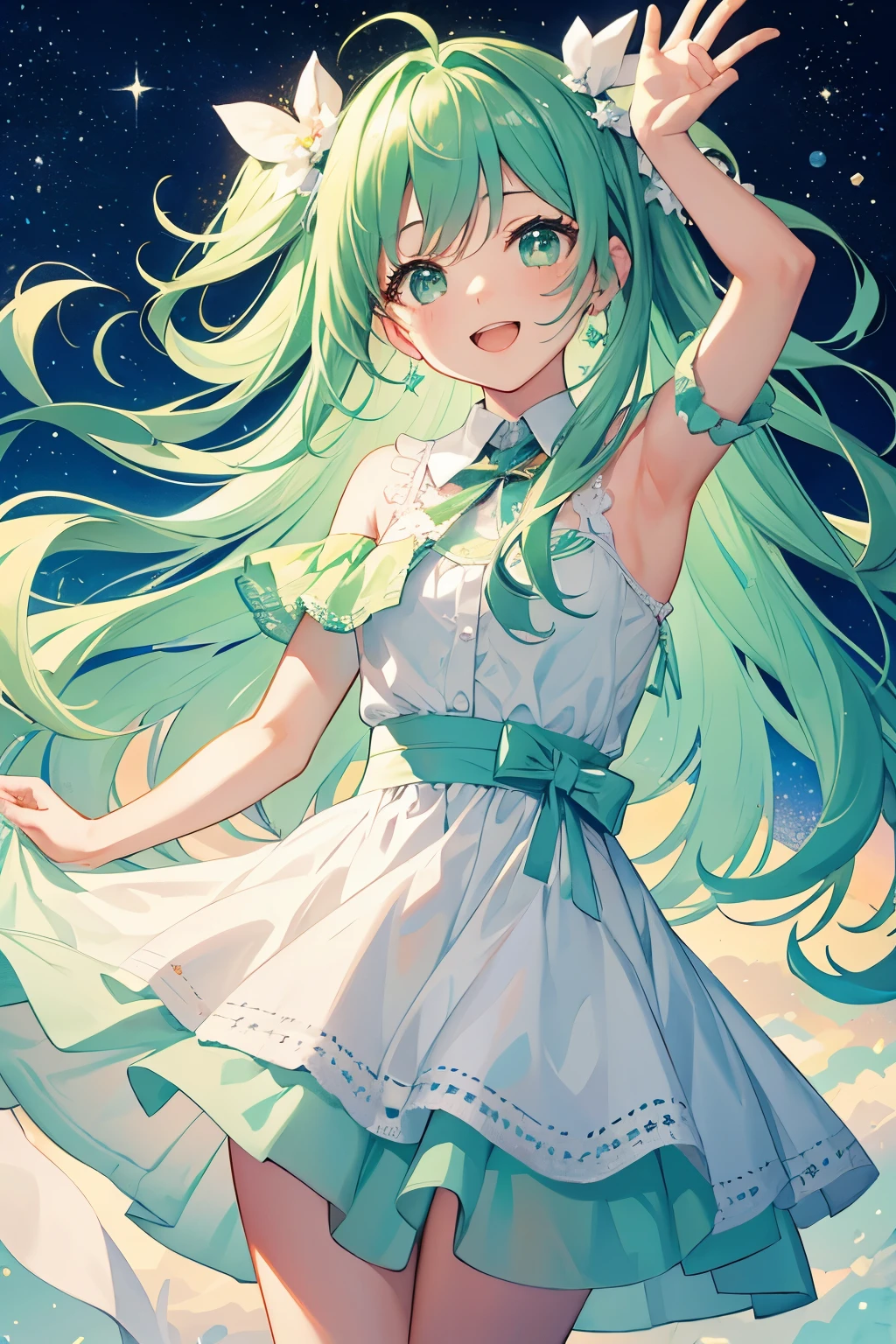 starry sky background,whole body,Have fun,Laughter,joy,Happy,girl,mint green hair