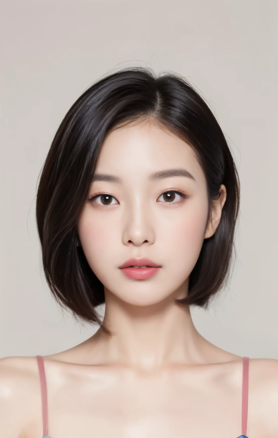 One beautiful Korean girl, ((Highest quality, 8k, masterpiece: 1.3)), Sharp: 1.2, ((Bob hair: 1.2)), (White background: 1.2), very detailed facial and skin texture, fine eyes, double eyelids, face looking directly at the camera from the front, blush, baby face, lipstick.
