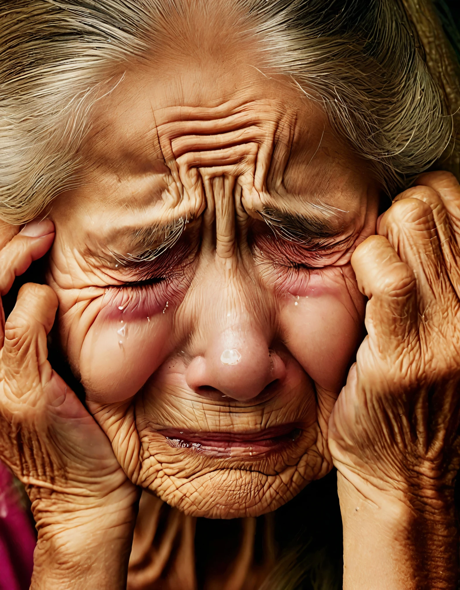 a weeping elderly person, their weathered face contorted in sorrow, tears streaming down their cheeks in a poignant display of emotion. The close-up shot captures the raw vulnerability and depth of feeling in the elderly person's expression, conveying a lifetime of experiences and emotions in their tears. The intimate portrait evokes a sense of empathy and reflection on the passage of time and the weight of memories carried by the elderly. This photograph, taken by acclaimed portrait photographer Annie Leibovitz, immerses viewers in a moment of profound emotion and human connection，cry