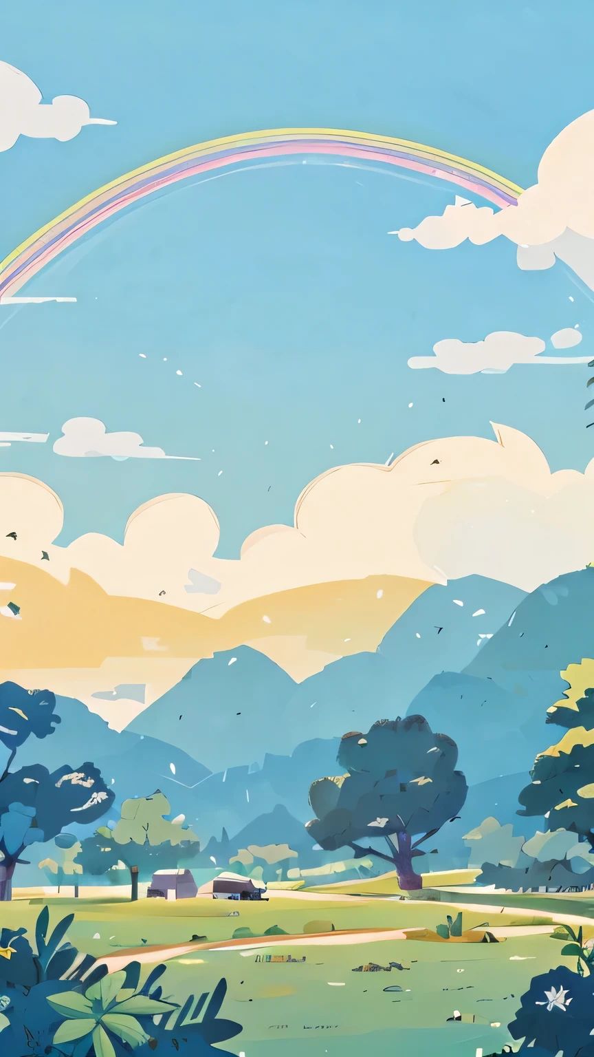 (Minimalism,simple),clean sky,Clean ground,rainbow,There are few elements,empty scene,vast sky,Sunlight,no one--v6,Hand drawn illustration,wallpaper,light and shadow,flat illustration, Inspired by Wu Guanzhong, Official illustration