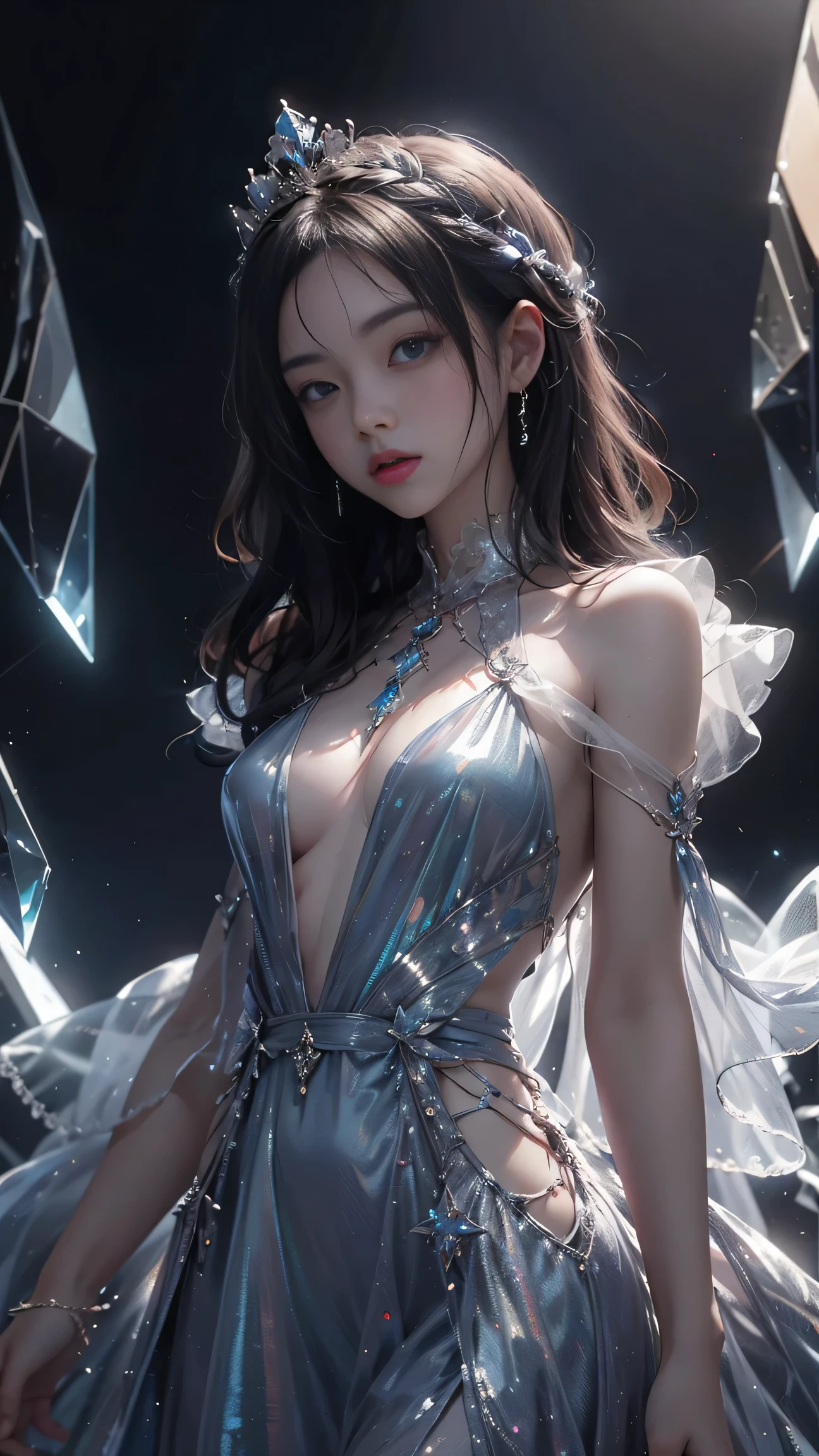 Frozen queen,  blue dress, long hair,  hat,  crystal necklace,  wall, high jump, cold eyes, Queen&#39;s breath, best shot, Loose hair, masterpiece, better image quality, more details, ultra high resolution, mood lighting, soft light, environmental lighting, pixiv trends, better image quality, more details, ultra high resolution, environmental lighting,