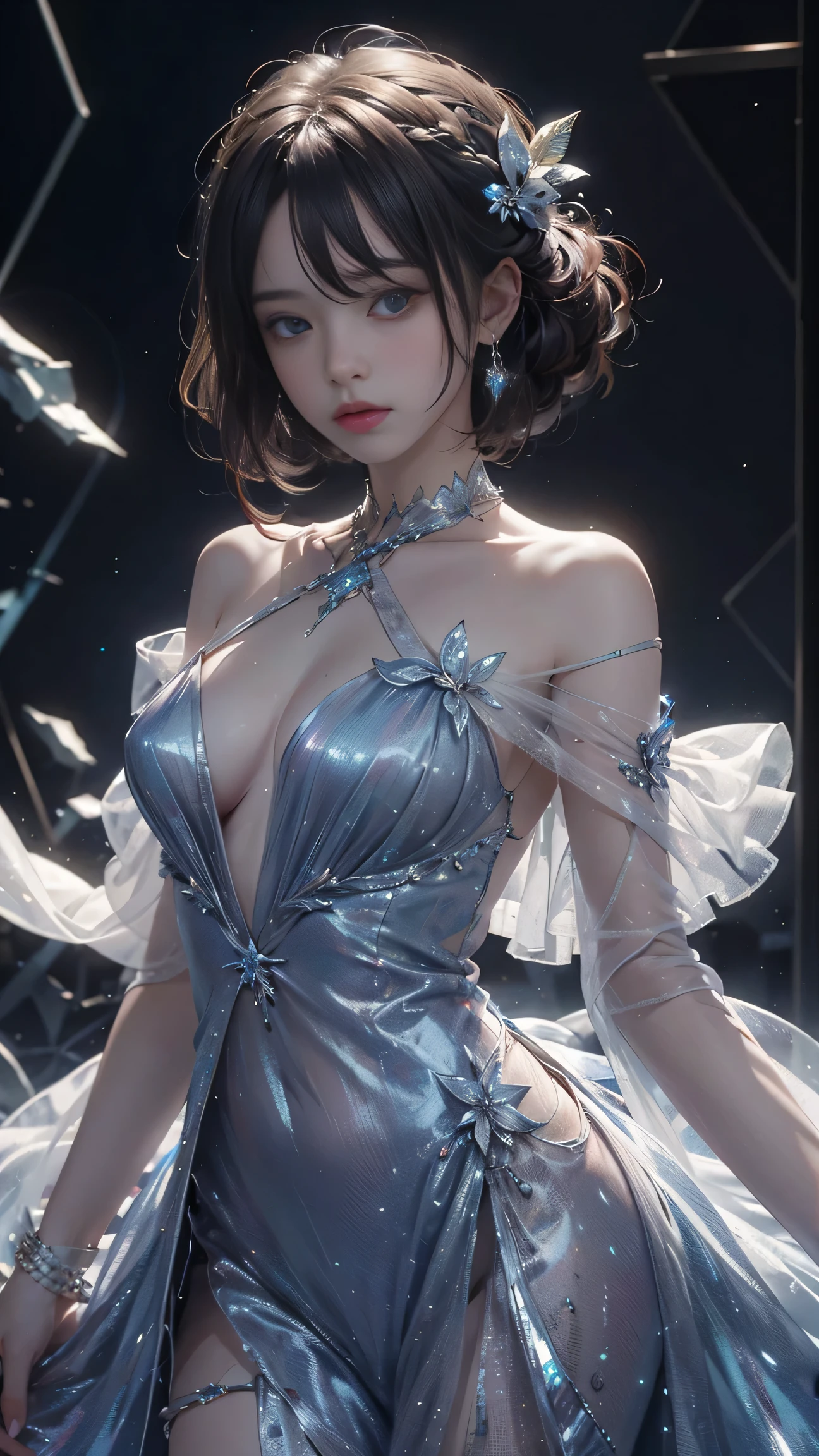 Frozen queen, blue dress, long hair, hat, crystal necklace, wall, high jump, cold eyes, Queen's breath, best shot, Loose hair, masterpiece, better image quality, more details, ultra high resolution, mood lighting, soft light, environmental lighting, pixiv trends, better image quality, more details, ultra high resolution, environmental lighting,