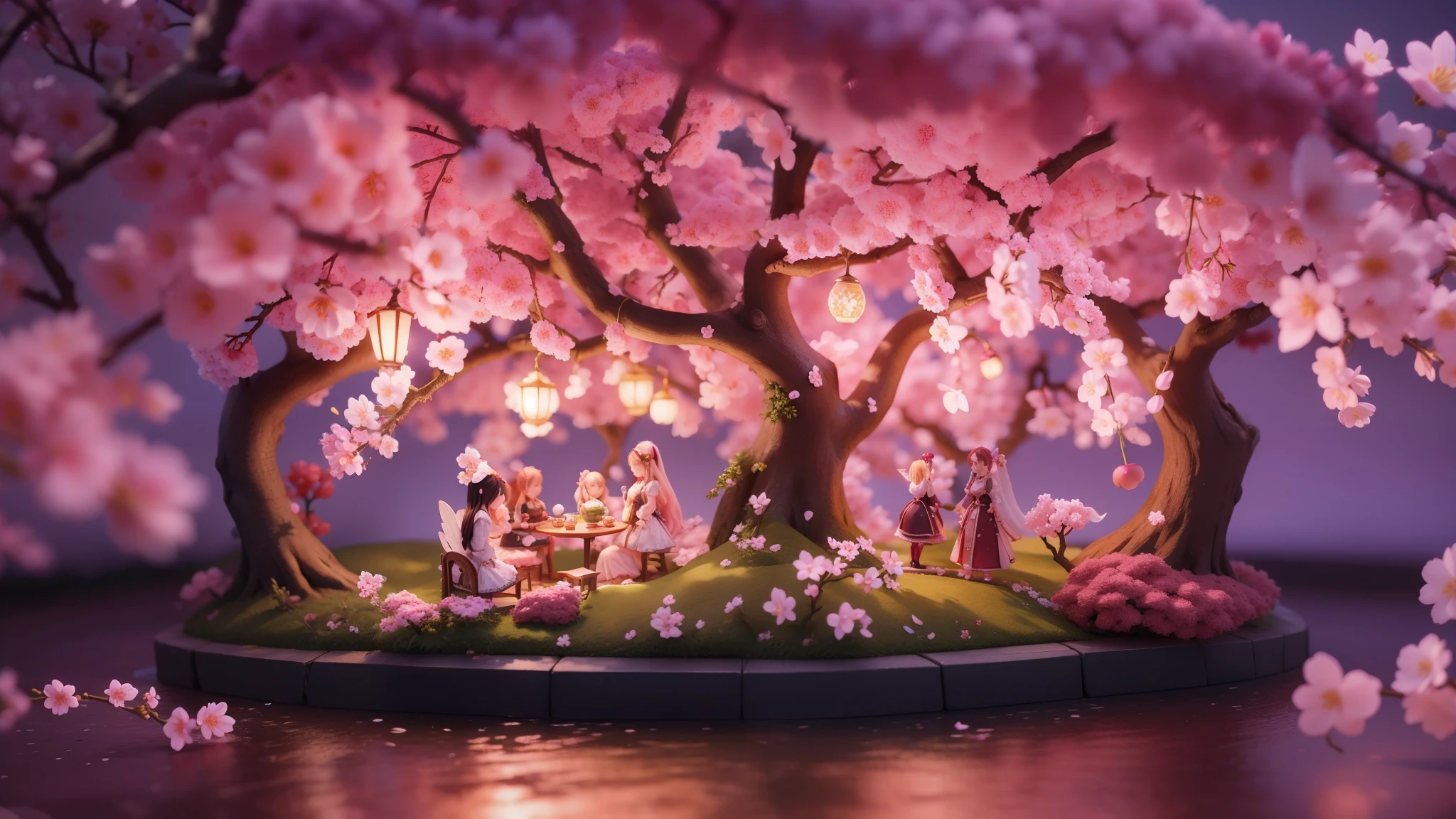 Magic garden miniature scene, delicate cherry blossoms、Softly glowing cherry tree、Illuminated by happy smiling miniatures. 8K Autorealist,Cherry tree in full bloom、girl cherry blossom fairy、、3 heads and bodies、facing backwards