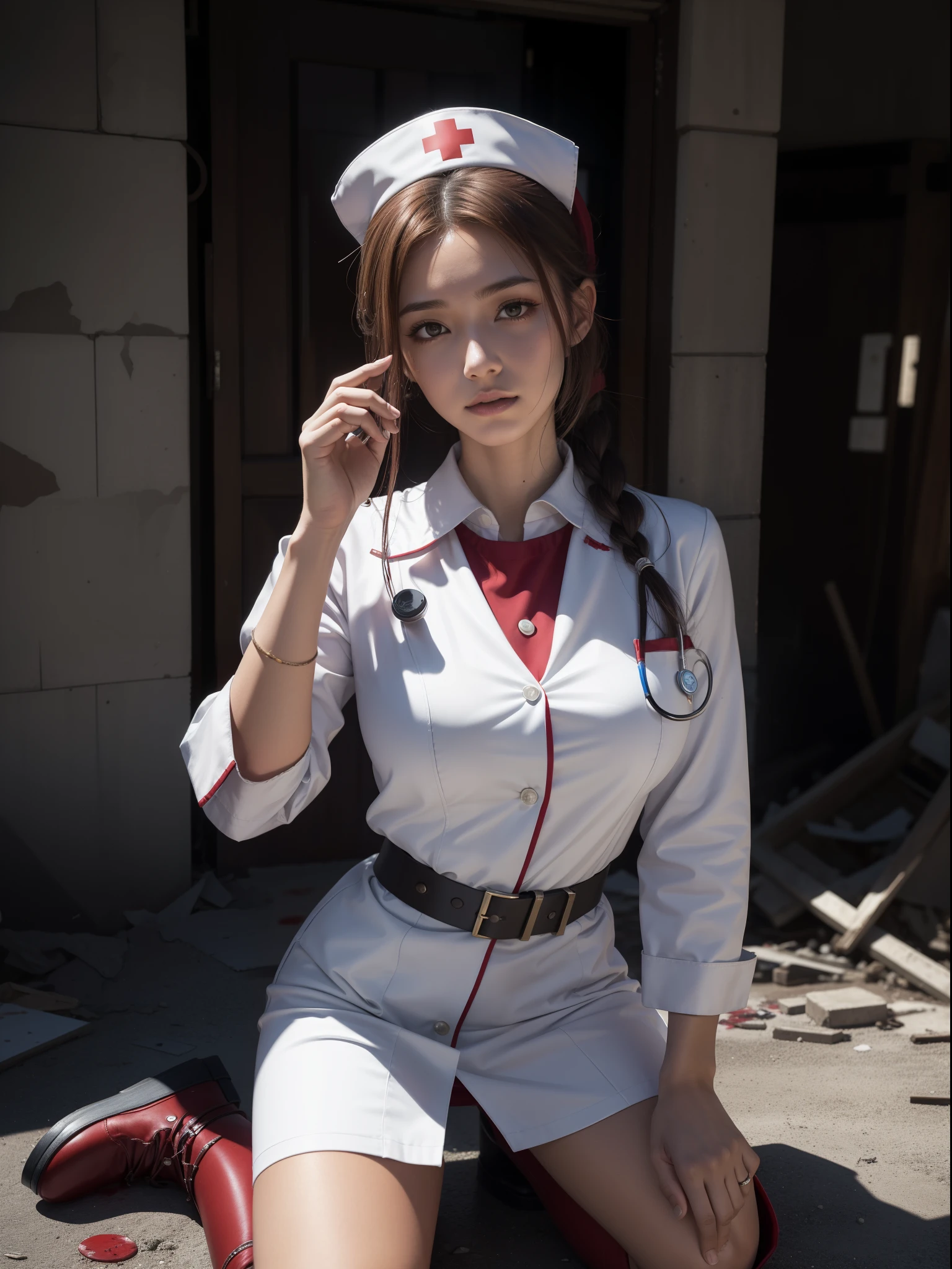 artworks，Best image quality，8K resolution，ultra high resolution，high detal，Higher quality，Oriental women，An injured female nurse，exquisite facial features，s the perfect face，the doctor，solo person，Be red in the face，embarressed，Drunk，brunette color hair，Extremely detailed depiction of hair，(JK white nurse's uniform)，(nurse's outfit)，Nurse hat，Red Cross Mark，(blood-stained)，There is an emergency medical kit next to it，Wasted area，Collapsed buildings，dreads，Facing the viewer，Art Nouveau，Love pupilid hair，High ponytail，epaulette，arm belt，Armband，Band-aid on the forehead，Long-barreled combat boots，Kneeling，binding，Hands behind you，Get close to the viewer，eventide