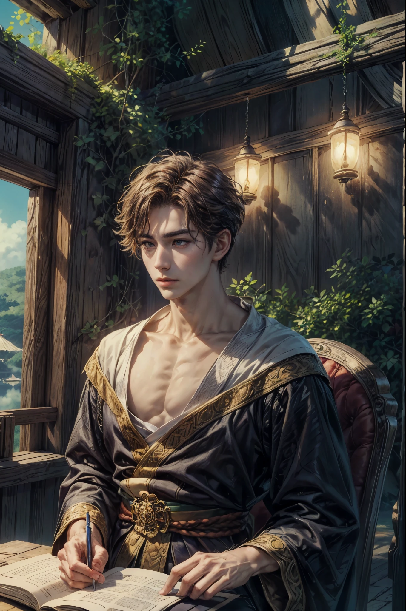 ((Best quality)), ((masterpiece)), (detailed), ((perfect face)), ((face focus)) a prince, a handsome young korean boy and short hair, resides in a cozy resort beside the beach, where he channels his creative energy into capturing the enchanting harmony between home and his inner world under the sea. As day turns to night, the moonlight envelops his canvas, revealing a breathtaking masterpiece that embodies the essence of his soul's journey and the beauty he discovers within himself."