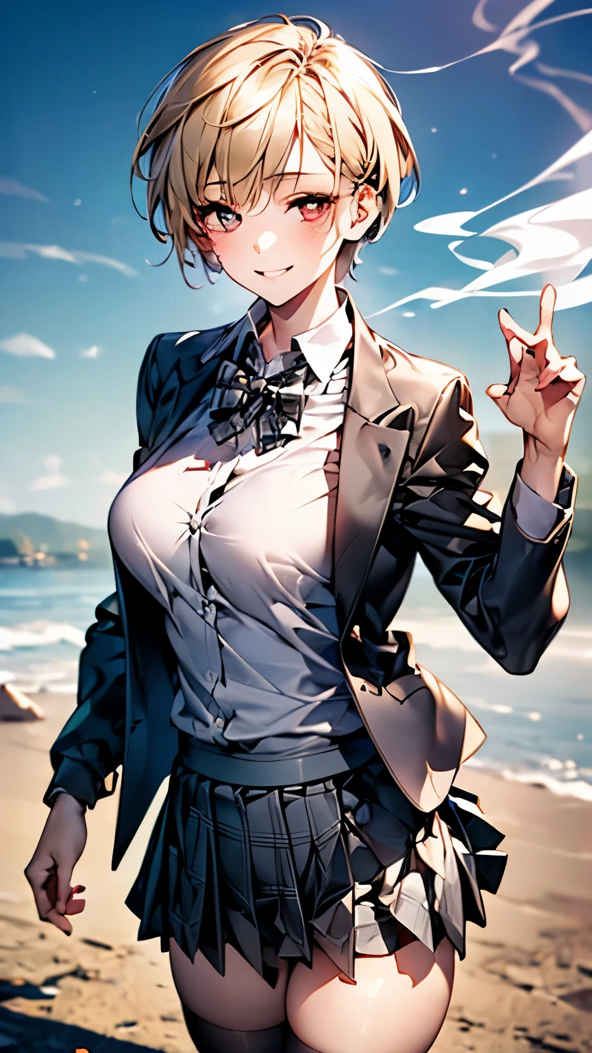 (masterpiece:1.2, highest quality), (realistic, photorealistic:1.4), beautiful illustrations, (natural side lighting, movie lighting), NSFW,
looking at the viewer, cowboy shot, Front view:0.6, 1 girl, Japanese, high school girl, perfect face, Cute symmetrical face, shiny skin,
(short hair:1.5, pixie cut:1.4, blonde), bangs tied back, red eyes, long eyelash, (big breasts:0.6, thick thighs),
beautiful hair, beautiful face, detailed and beautiful eyes, beautiful clavicle, beautiful body, beautiful breasts, beautiful thighs, beautiful feet, beautiful fingers,
(((Dark grey jacket), smoke gray collared shirt, Dark grey pleated mini skirt, black socks, gray plaid bow tie)),
(beautiful scenery), evening, riverside, Are standing, wave hands, (half closed eyes, cute smile, upper eye),