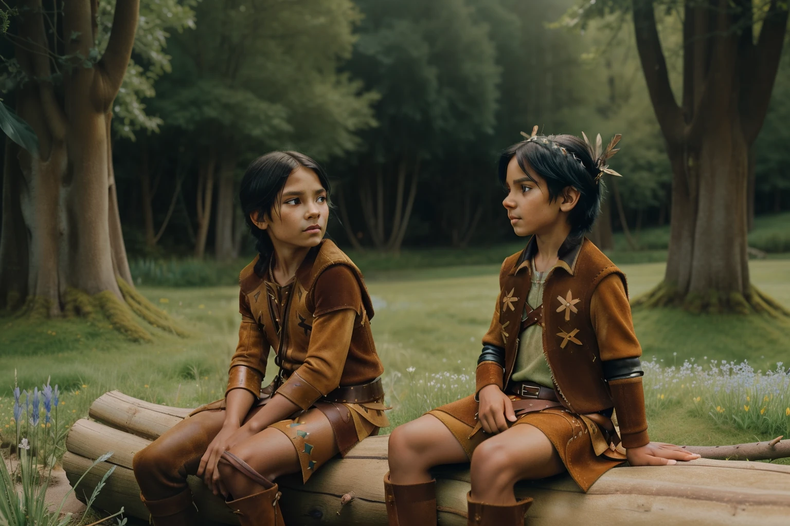 Fairytale Kingdom of Fantasia. ((((10-year-old)) Atreyu)), olive green skin, tall, athletic, brave, wise, ((worried expression)), ((sitting on a log)), in a magical spring meadow full of flowers, arguing with a friend. ((((suede and leather indigenous clothings)))), ((blueish-black hairstyle)). 
