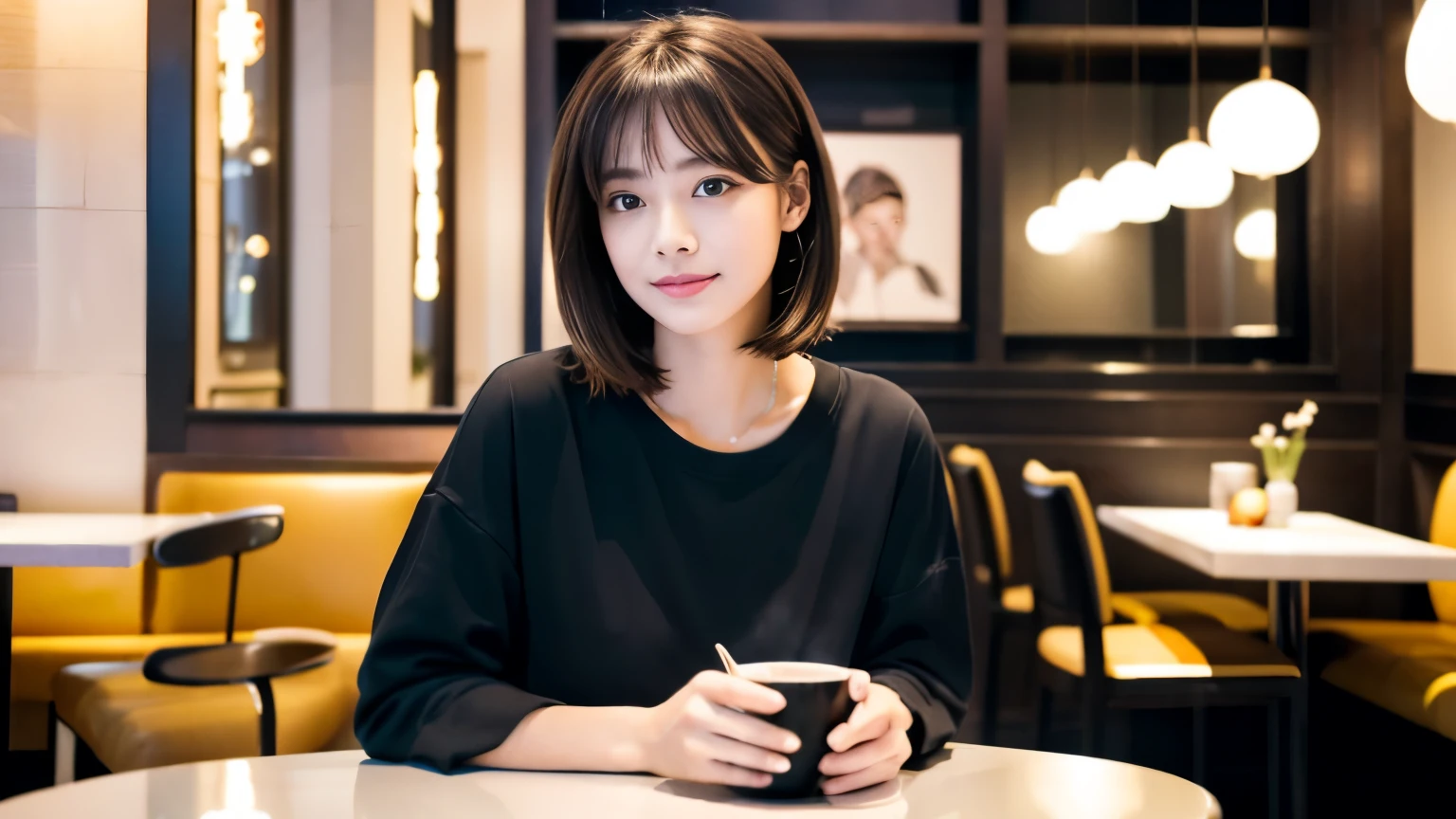 High resolution、under bright lighting、A female college student relaxing inside a stylish cafe。she、Sit at a cafe table with a modern and sophisticated design、I'm looking at the faint steam rising from a ceramic coffee cup with artwork in my hand.。women are、Wear an oversized T-shirt that is trend-conscious.、Its casual yet sophisticated style stands out.。her features are very detailed、delicate eyes、double eyelid、Characterized by white skin、The short hairstyle further enhances her modern vibe.。In the background of the café、A stylish interior is arranged.、Creates a relaxing atmosphere。