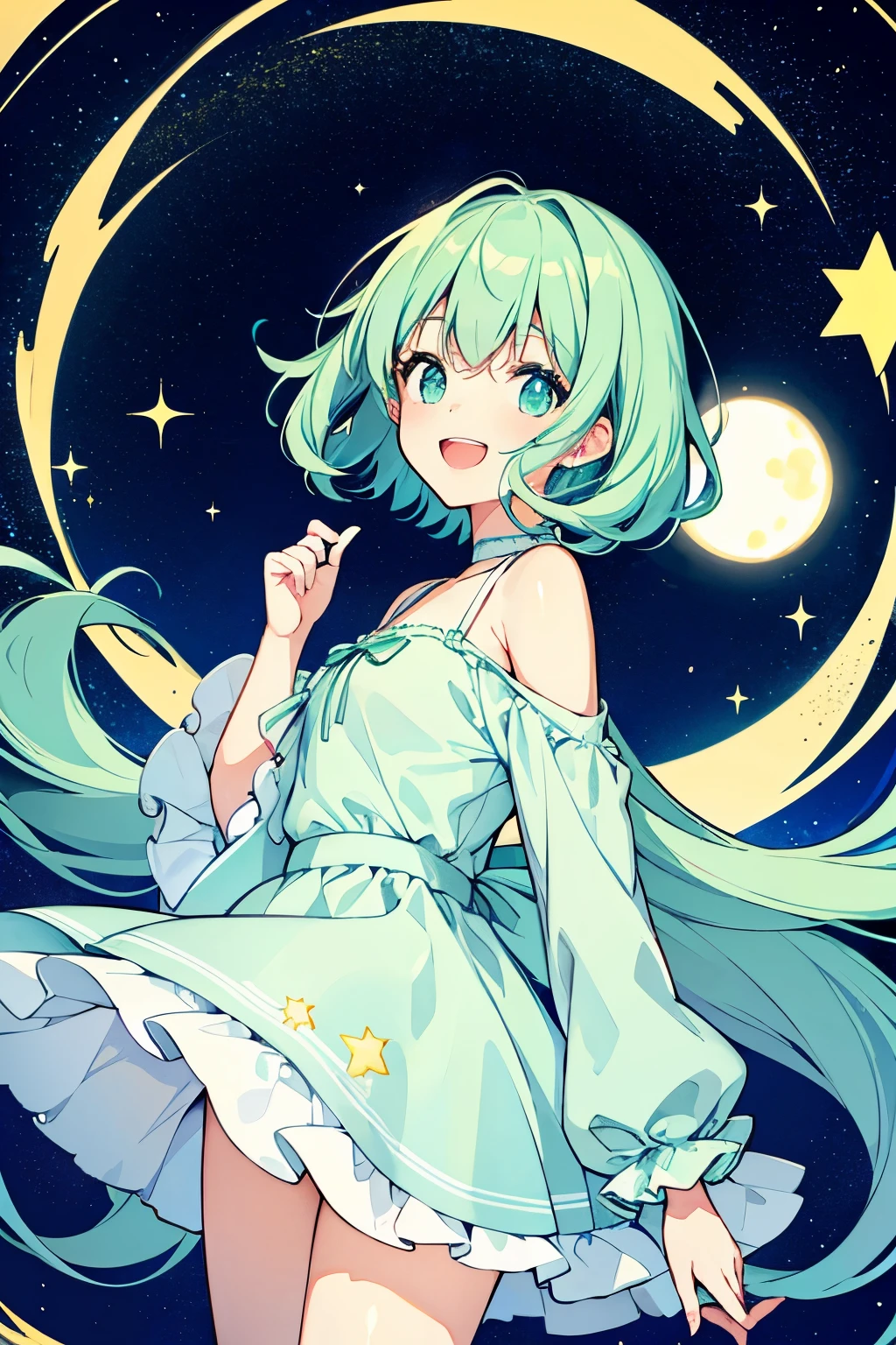 starry sky background,whole body,Have fun,Laughter,joy,Happy,girl,mint green hair
