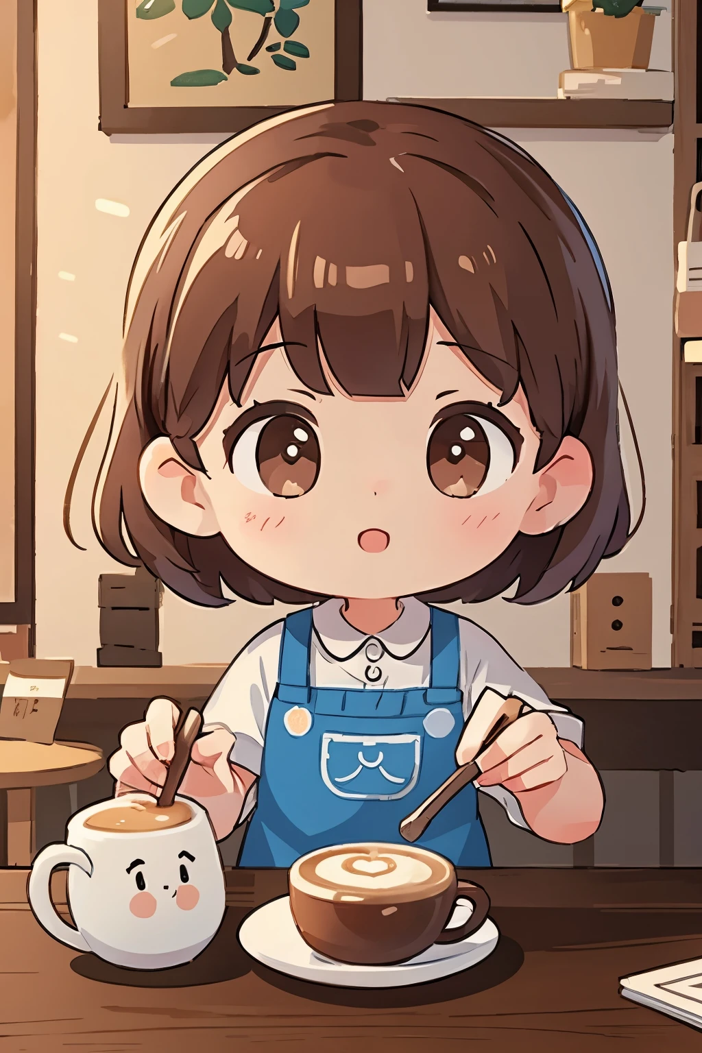 Photoreal、A has a surprised face after having her portrait drawn with cafe latte art