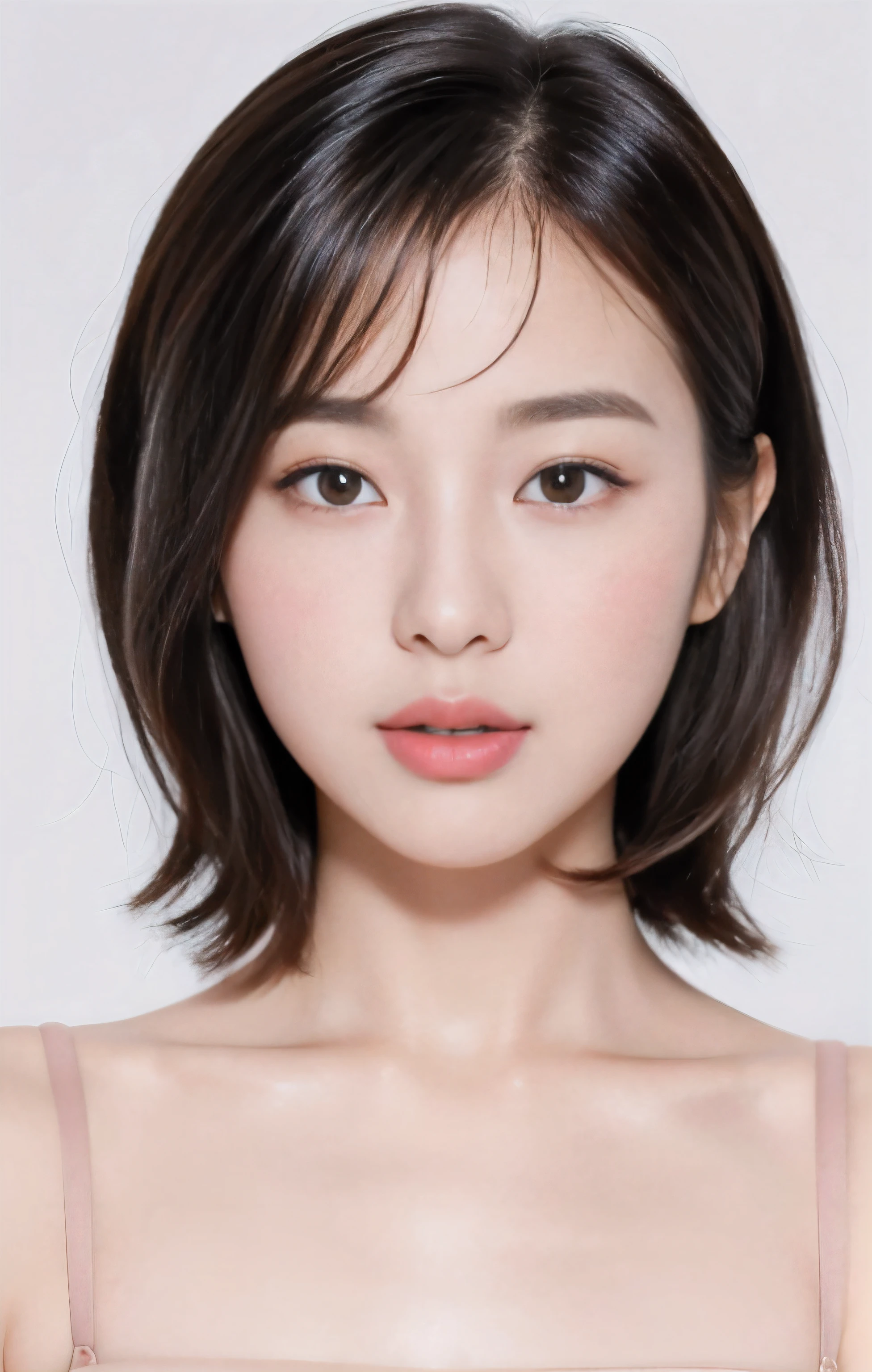 One beautiful Korean girl, ((Highest quality, 8k, masterpiece: 1.3)), Sharp: 1.2, ((Bob hair: 1.2)), (White background: 1.2), very detailed facial and skin texture, fine eyes, double eyelids, face looking directly at the camera from the front, blush, baby face, lipstick.