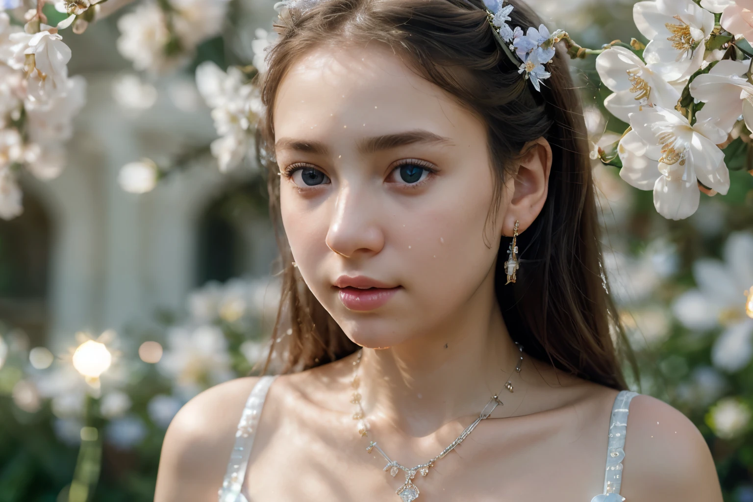 Masterpiece, best quality, illustration, blue saxophone, Platinum earrings, white gold necklace, white dress, 1 girl, cute, (dynamic light:1.2), movie light, delicate facial features, Detailed eyes, sharp student, realistic student, depth of field, Bokeh, Sharp focus, (There are too many details., in full bloom, glow:1.4), So many little gems