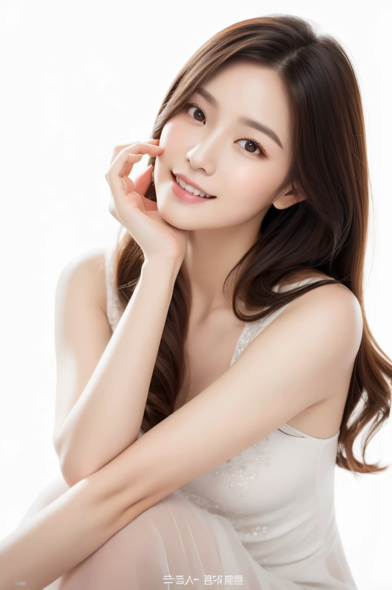 1 real photo of a cute Korean star, Medium long hair, fine hair, White skin, Light makeup,,wearing white clothes, closeup portrait, ultra high definition，front，Show forehead，Full forehead，Don&#39;t cover up the role，Model the face，glow，front面对着镜头，，youth and beauty，Don&#39;t cover your body，Upper body，light color dress，white dress，