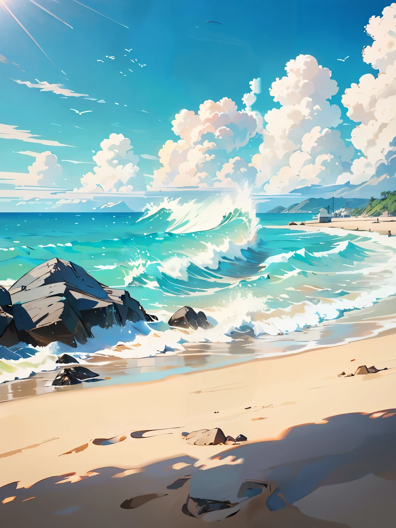 blue sky, ocean, waves, sand, beach, background,