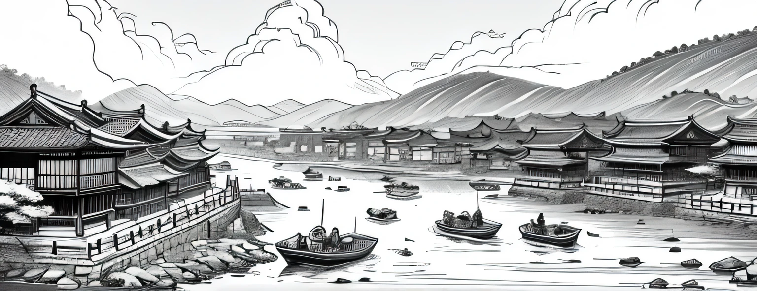 drawing of arafed river with boats and old buildings in it, chinese brush pen illustration, by Yang Borun, beautiful chinese city, detailed art, very detailed illustration, traditional korean city, by Ni Yuanlu, very detailed ink illustration, detailed ink illustration, detailed sumi - e illustrations, detailed sumi-e illustrations, very detailed illustrations.”