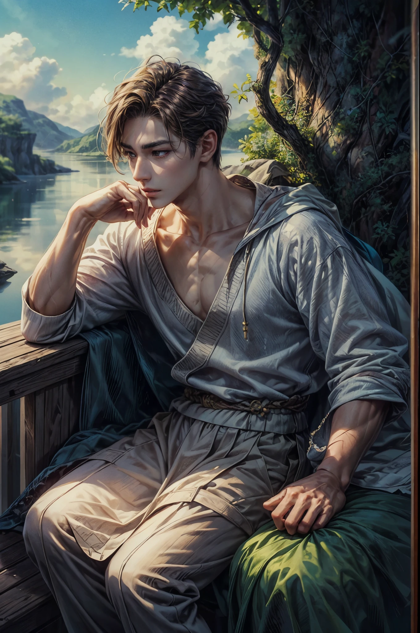 ((Best quality)), ((masterpiece)), (detailed), ((perfect face)), ((face focus)) a prince, a handsome young korean boy and short hair, resides in a cozy resort beside the beach, where he channels his creative energy into capturing the enchanting harmony between home and his inner world under the sea. As day turns to night, the moonlight envelops his canvas, revealing a breathtaking masterpiece that embodies the essence of his soul's journey and the beauty he discovers within himself."