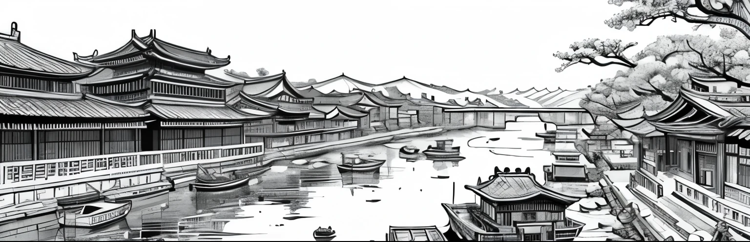 drawing of arafed river with boats and old buildings in it, chinese brush pen illustration, by Yang Borun, beautiful chinese city, detailed art, very detailed illustration, traditional korean city, by Ni Yuanlu, very detailed ink illustration, detailed ink illustration, detailed sumi - e illustrations, detailed sumi-e illustrations, very detailed illustrations.”