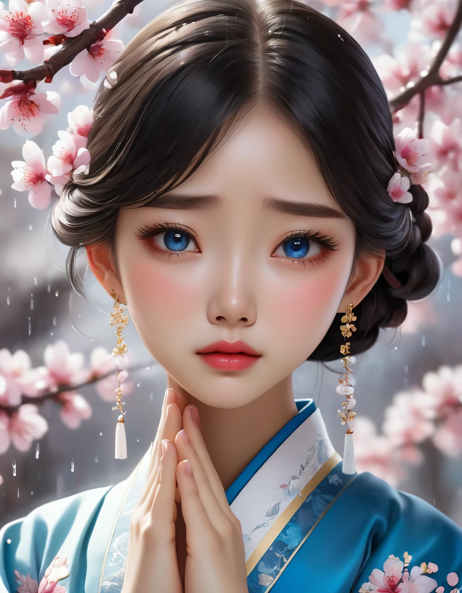 (Beautiful face of crying Chinese girl covering her face with handkerchief), (With many, many tears in her eyes:1.3),(eyes full of tears:0.5),(bowed slightly:0.65),(Cover your face with your hands and cry),Pearl ear-rings, long eyelashes and pink lips, face close-up, clean face, round chin, blue eyes, Blue embroidered hanbok, Pear blossoms bring rain,White background. illustrate, 3D rendering, Bright colors and exquisite details, as illustration poster, 2D game art style, Color proofing, HD, 32k ,disney,
