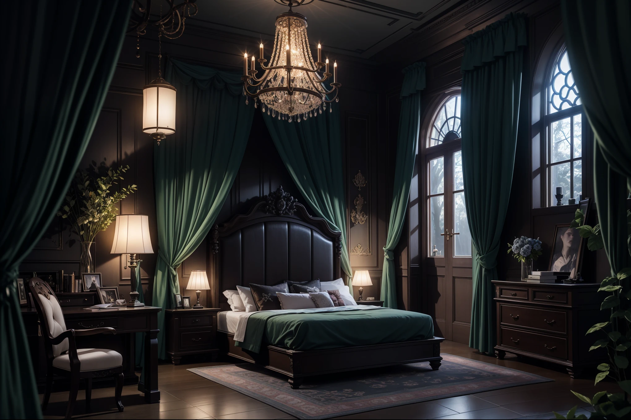 dark night、Bedroom in a Western style building deep in a dark and mysterious forest.、a large bed、Close-up on a pillow、 interior architecture, gothic art, Verism, One person's point of view, outside, canon, Super Detail, high quality, A high resolution, 8 k, Best quality